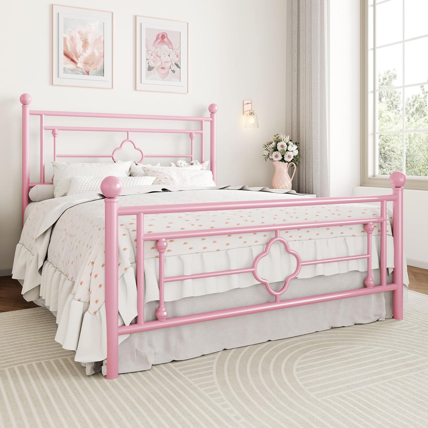 SHA CERLIN 14 Inches Full Size Metal Platform Bed Frame/Vintage Iron-Art Headboard and Footboard/Mattress Foundation for Storage/No Box Spring Needed/Noise-Free/Easy Assembly/Pink