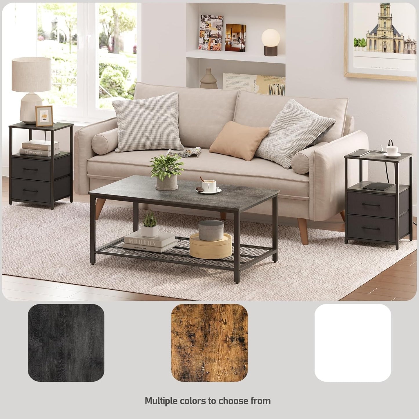 TUTOTAK End Table with Charging Station, Side Table with 2 USB Ports and Outlets, Nightstand with Cloth Drawer, Set of 2, Couch Table, Charcoal Grey TB01BY052