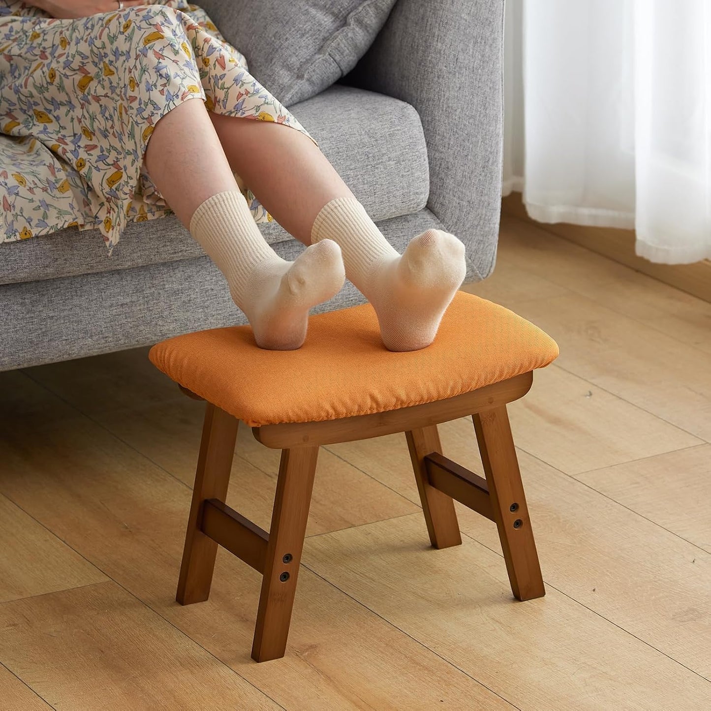 Foot Stool Ottoman Foot Rest Under Desk,Small Stool for Living Room, Bedroom and Kitchen (Brown Legs - Orange Stool Surface)