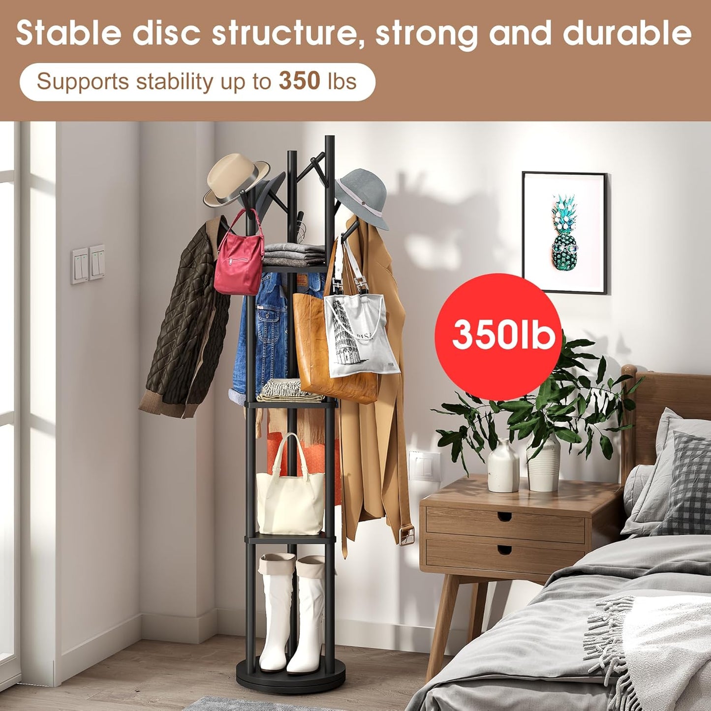 FILWH Bamboo Coat Rack Rotary Freestanding with Shelf Coat Tree Stand for Hallway Entryway with 9 Hooks and 3 Storage Shelves (Black)