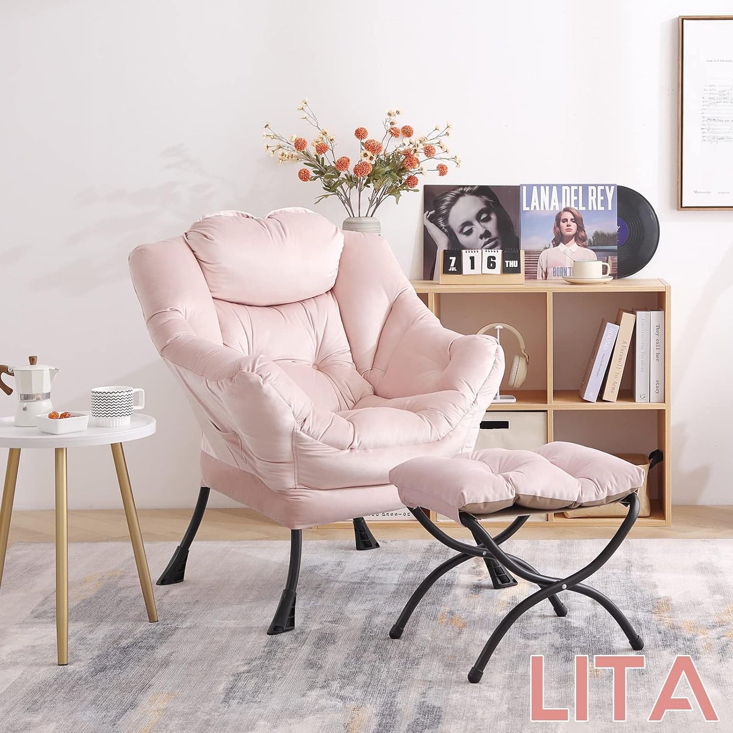 LITA Lazy Chair With Ottoman, Modern Accent Leisure Upholstered Sofa, Contemporary Lounge Reading With Armrests and Side Pocket for Living Room, Bedroom & Small Space, Pink