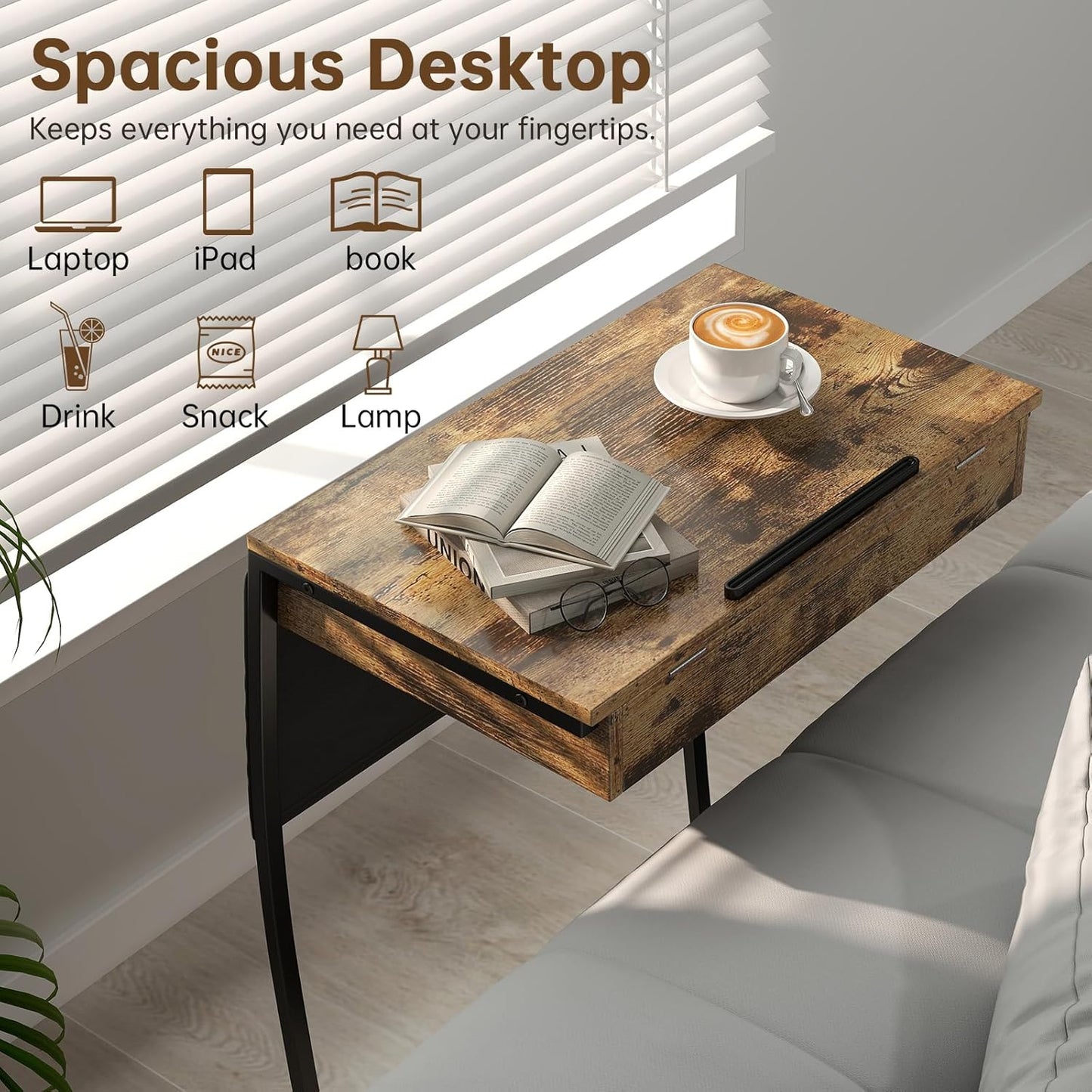 Hadulcet TV Tray Tables, Laptop Stand for Couch, C Shaped End Table with Charging Station, Couch Tables That Slide Under, Bed Desk for Eating, Couch Desk for Laptop, Rustic Brown