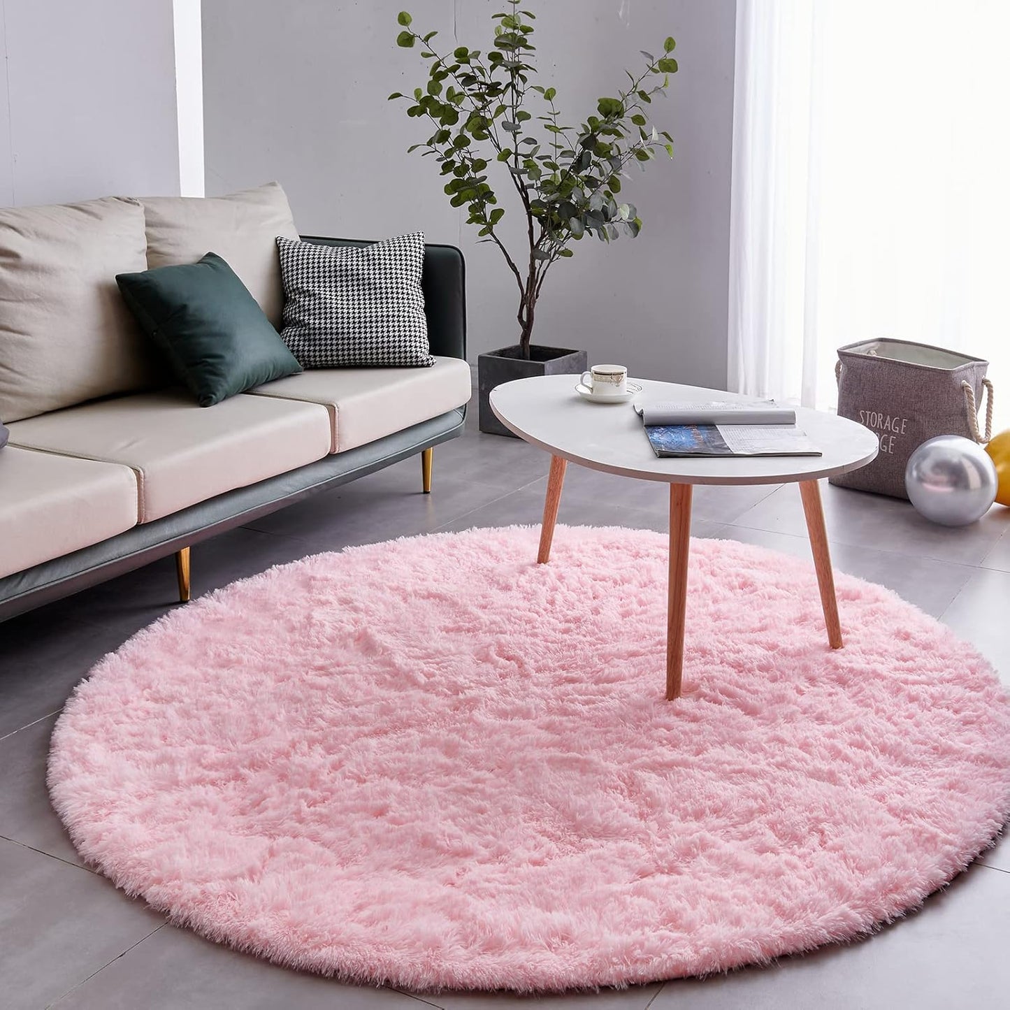 FJZFING Pink Round Rug Ultra-Soft Plush Modern 6x6 Circle Area Rug for Kid's Bedroom, Fluffy Shag Circular Rug for Nursery Room, Non-Slip Home Decor Cute Pink Carpet for Teen's Room