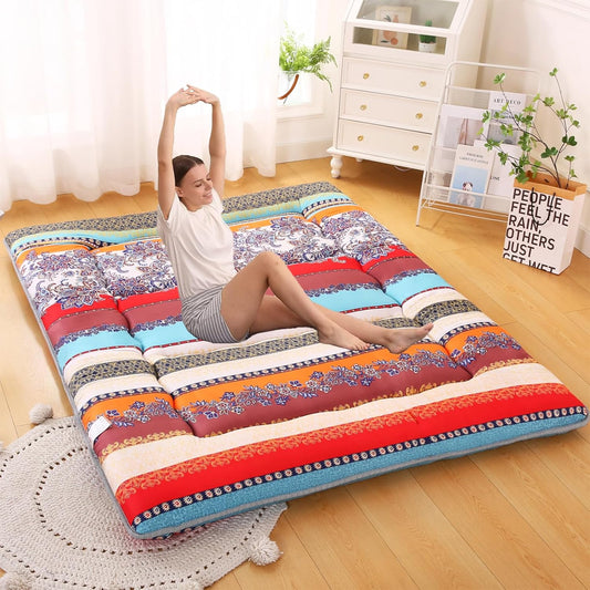 Bohemian Retro Japanese Floor Mattress, Vintage Floral Tatami Floor Mat, Portable Roll up Futon Mattress for Guest,Tavel (B,Full 80" X 47")