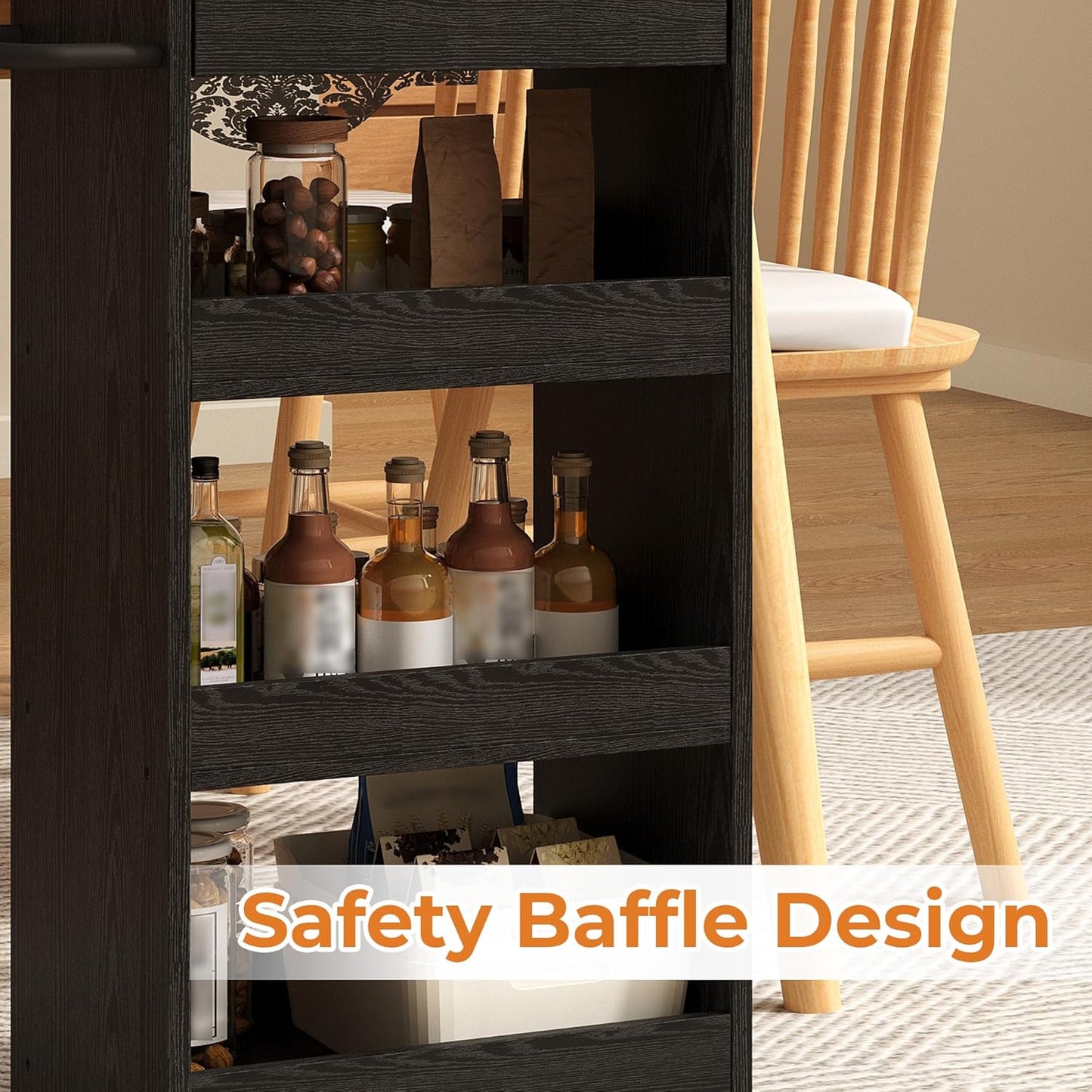 IRONCK Wood Storage Cart, 4 Tier Rolling Kitchen Cart on Wheels, Slide Out Utility Cart, Organizer Trolley with Handle, Drawer for Kitchen, Laundry, Bathroom, Black