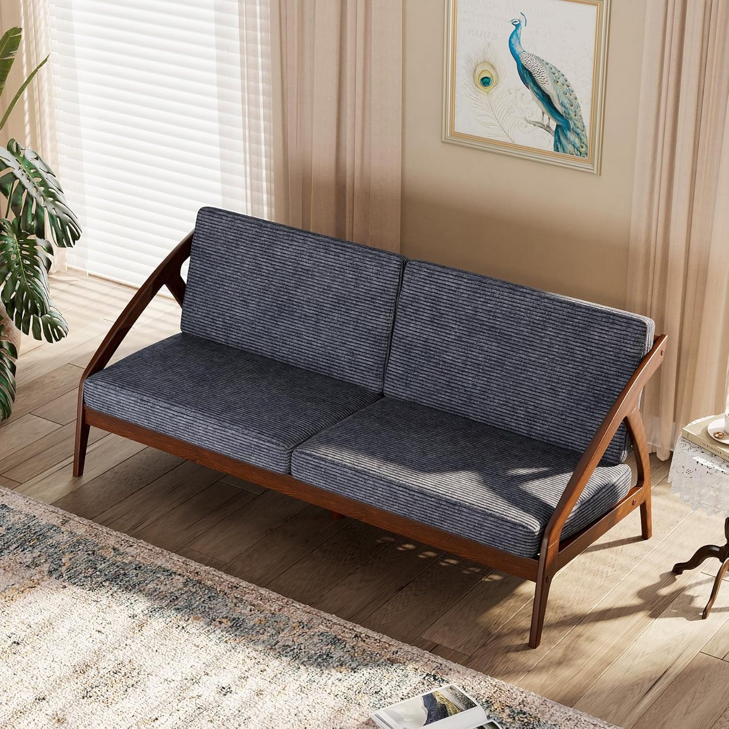 73.4" Solid Wood Upholstered Sofa, Comfortable Seat Cushion, White Waxwood Full Solid Wood Frame, Removable Cover, Suitable for Bedroom and Living Room, Easy to Assemble, Office Sofa