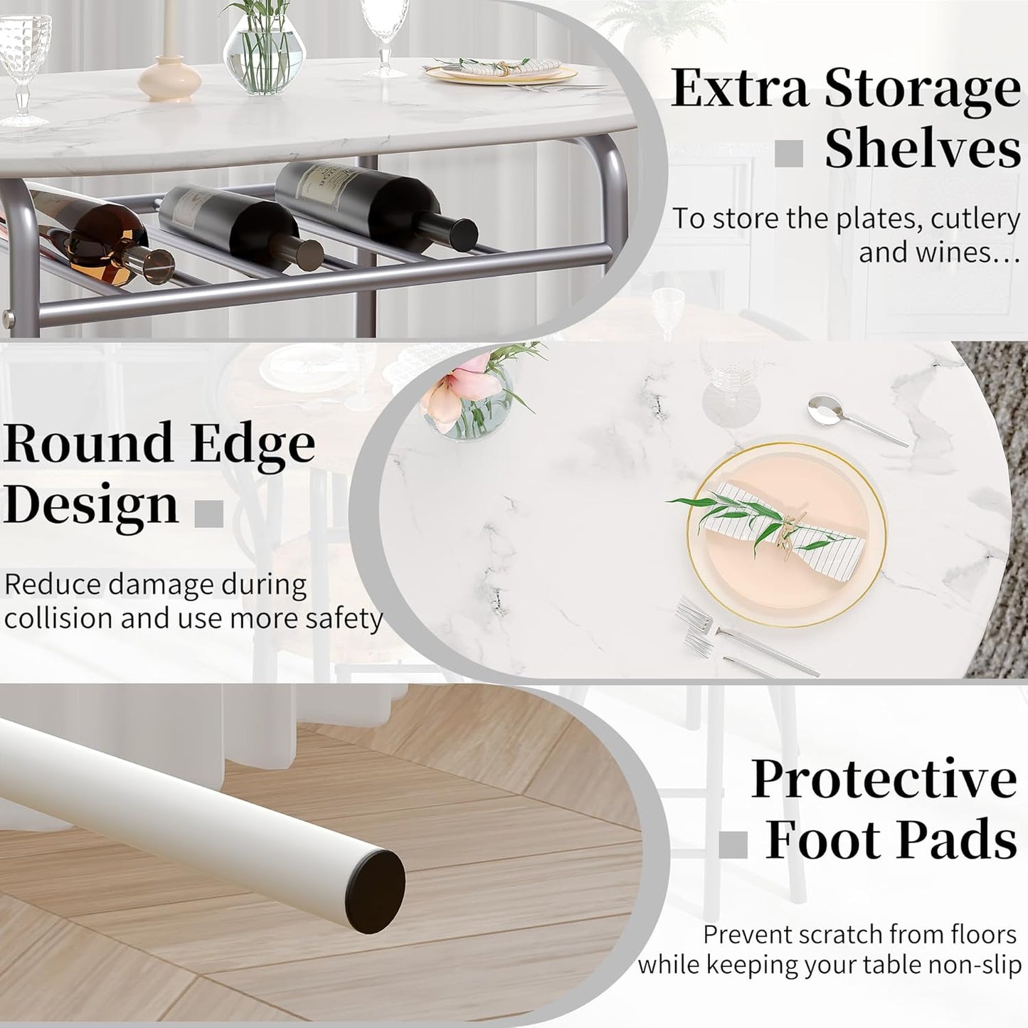 VECELO 3-Piece Dining Table Set for Kitchen Breakfast Nook, Faux Marbled Oval Tabletop and Metal Frame with Built-in Wine Rack, for Small Spaces, White & Silver