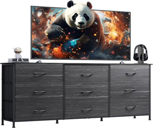 WLIVE 63''W Dresser for Bedroom, Black Dresser TV Stand for 65, 70, 75 inch TV, Wide Chest of Drawers with 9 Drawer, Large Entertainment Center, Fabric Dressers with Wood Top for Closet, Living Room