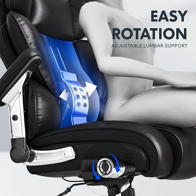 FLEXISPOT 600lbs Big and Tall Office Chair for Heavy People, Heavy Duty Computer Desk Chair with Dynamic Lumbar Support 2D Armrest Blade Wheels, Chairs for Home Office Gaming Working, Leather, Black