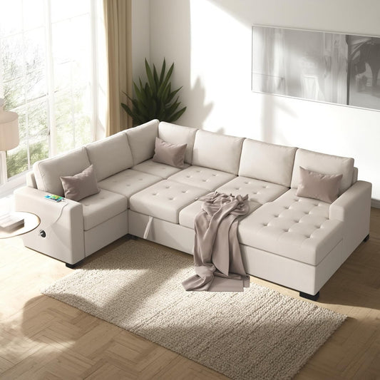 108.3 Inch Modular Sectional Sleeper Sofa with Pull-Out Bed and Lounge Chair, U-Shaped Combination Corner Couch w/USB & Type-C Interfaces, for Living Room Bedroom Office, Beige