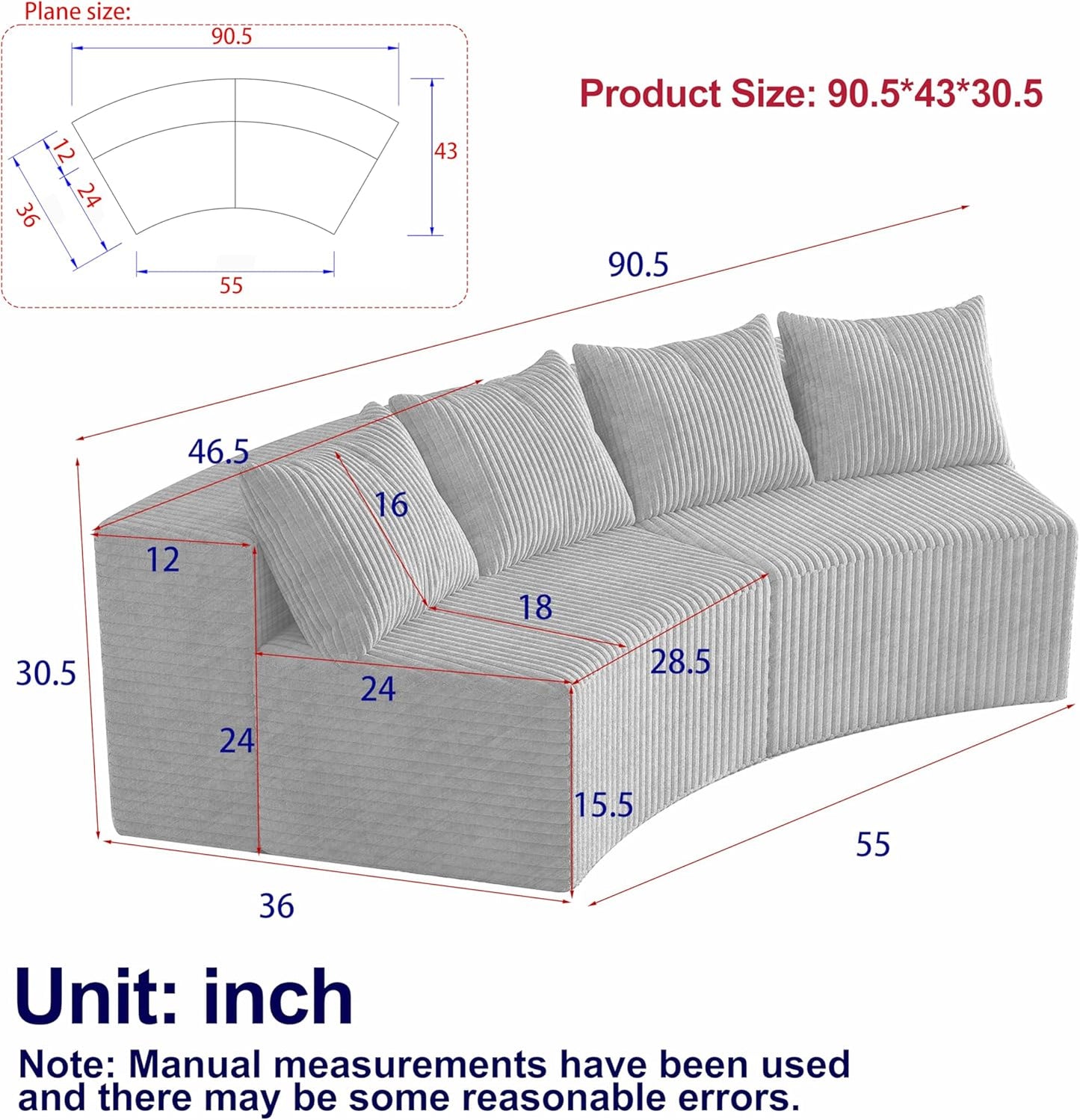 KEIKI Corduroy Curved Sectional Sofa, 2 Seater Symmetrical Modular Semi Circular Couch, Deep Seat Tufted Corner Sofa for Living Room, Lobby, Yellow