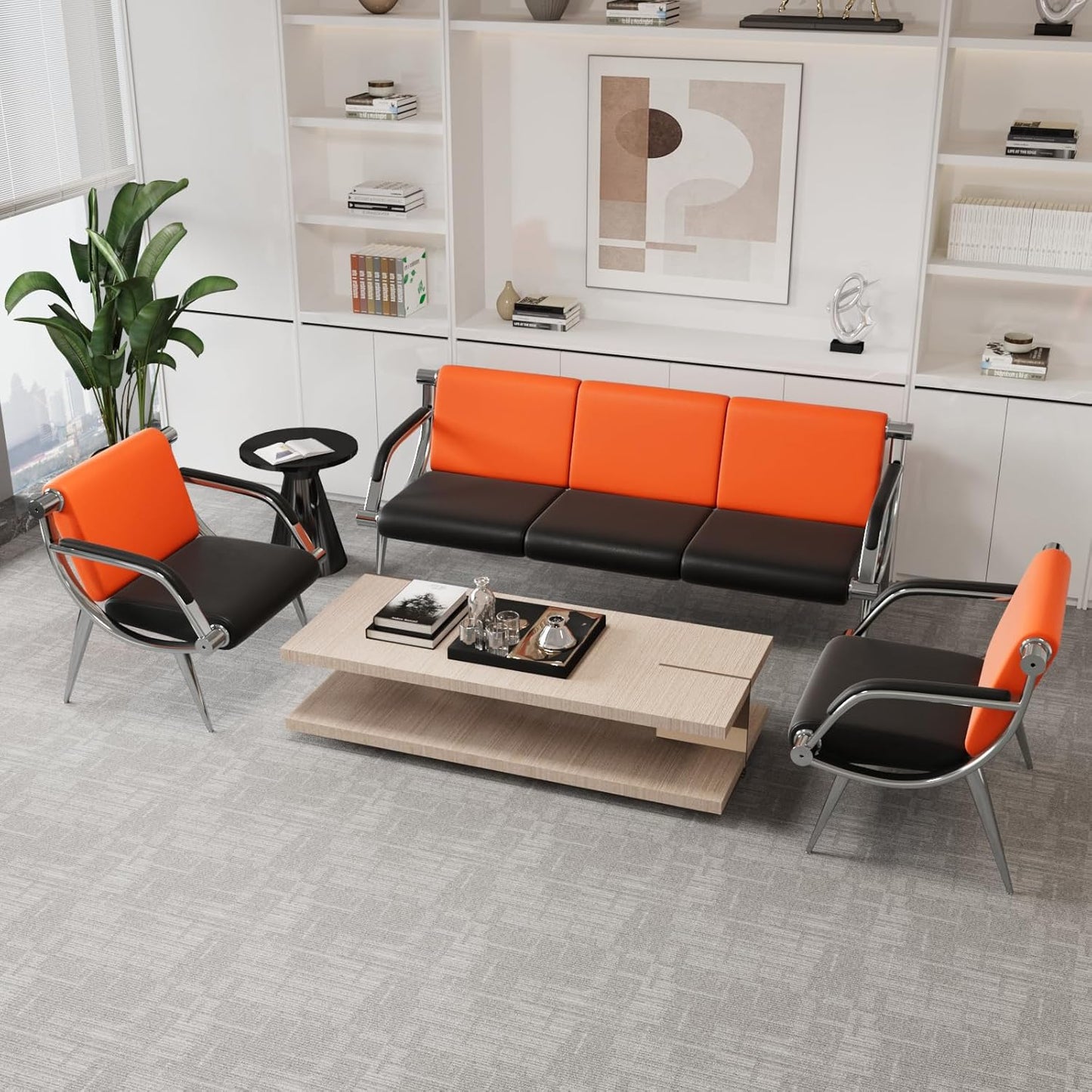 wonline 5 Seat Waiting Room Chair with Armrest PU Leather Office Furniture, Office Guest Seating Lobby Conference Reception Chairs for Airport Clinic Hospital Bank Salon Barber(Orange&Black)