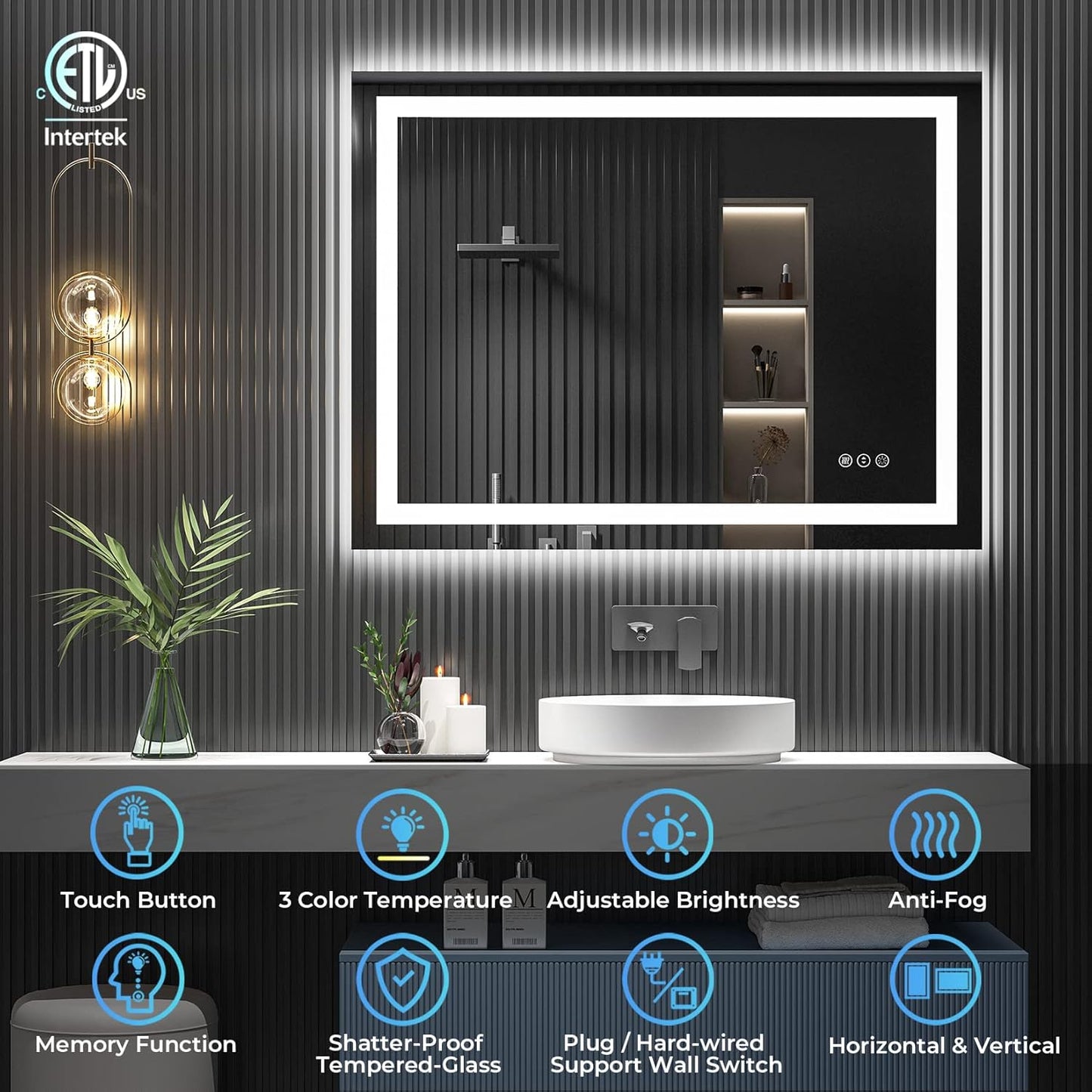 48x36 Inch LED Bathroom Mirror with Lights Front and Backlit Lighted Vanity Mirror for Bathroom Wall with 3 Colors Dimmable Anti-Fog Memory Shatter-Proof IP54 Waterproof Horizontal/Vertical