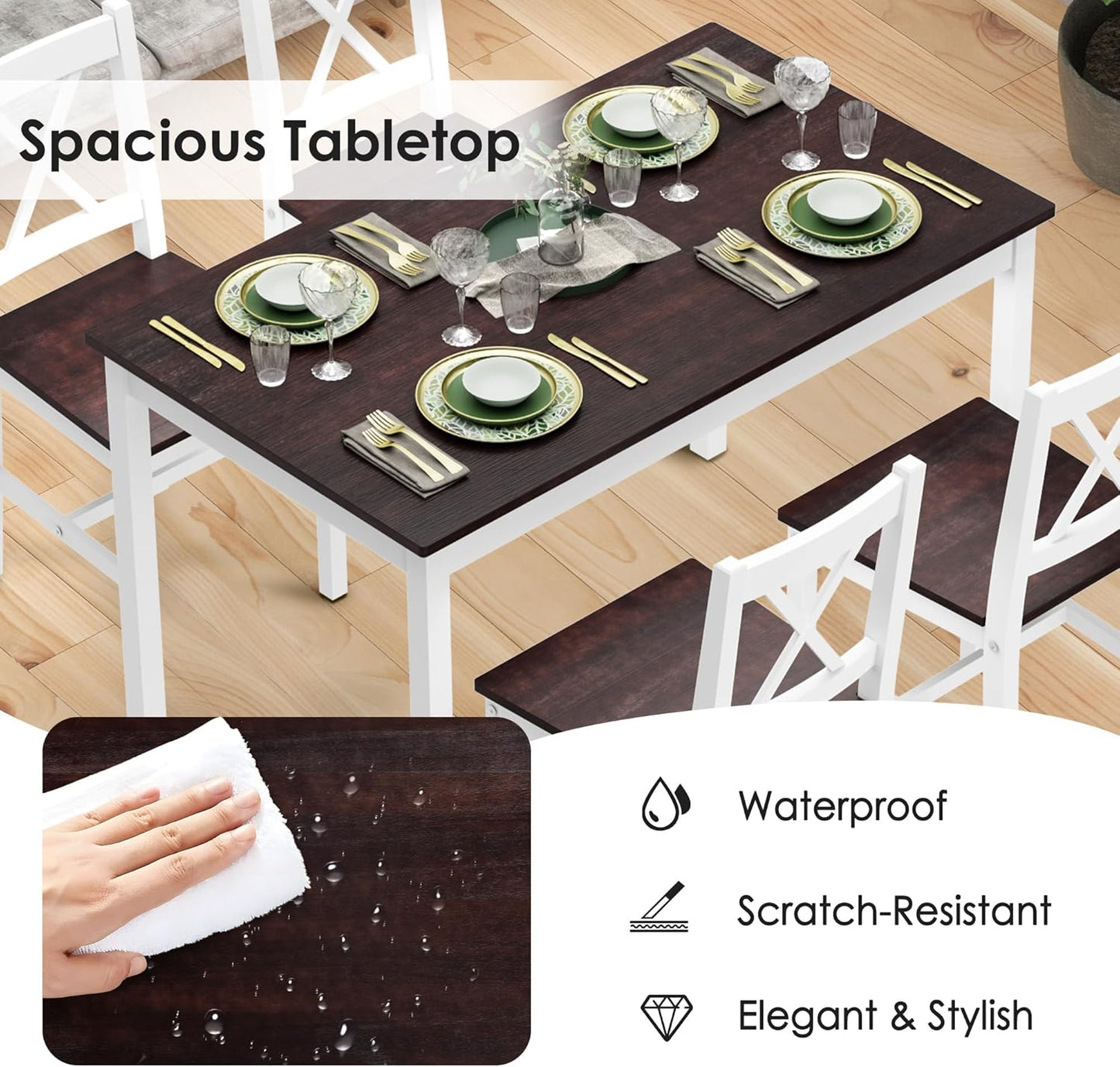 Sogesfurniture Dining Table Set for 4, 42.5" Pine Wood & Walnut Vintage Style, 5 Pieces, Space Saving, Easy Assembly