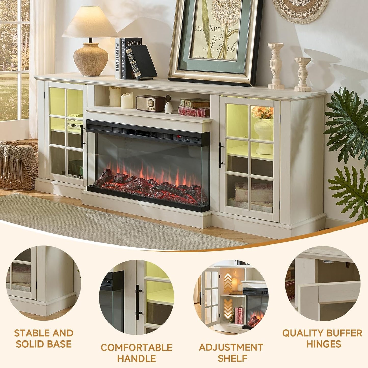 ROCKPOINT 3 Sided Glass 80" Fireplace TV Stand for TVs up to 90", Media Entertainment Center with Glass Door Storage Cabinet for Living Room,36" Electric Fireplace & Adjustable LED Light,White