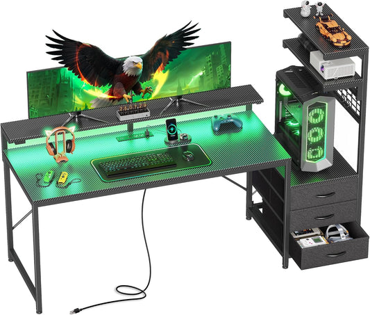 PRAISUN 61.7" Gaming Desk with LED Lights & Outlets, Computer Desk with 3 Fabric Drawers, PC Desk with PC Case Stand & Movable Storage Shelves, Monitor Stand, Reversible, Carbon Fiber Black