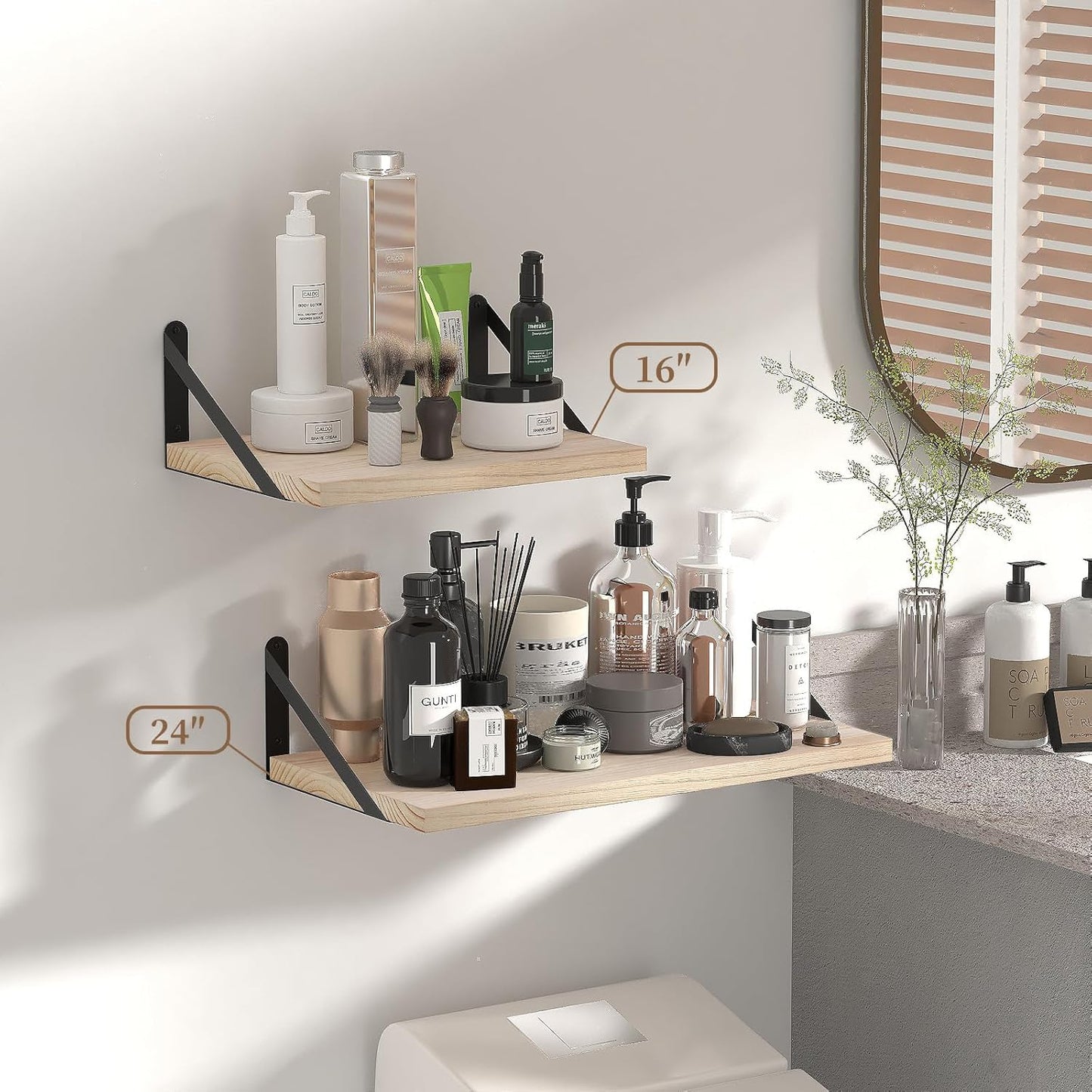 SAUMONIERES Floating Shelves Wall Bookshelf for Bedroom Bathroom Living Room Wood Wall Mounted Wide Deep Storage, Rustic Torched Wall Shelves Set of 2