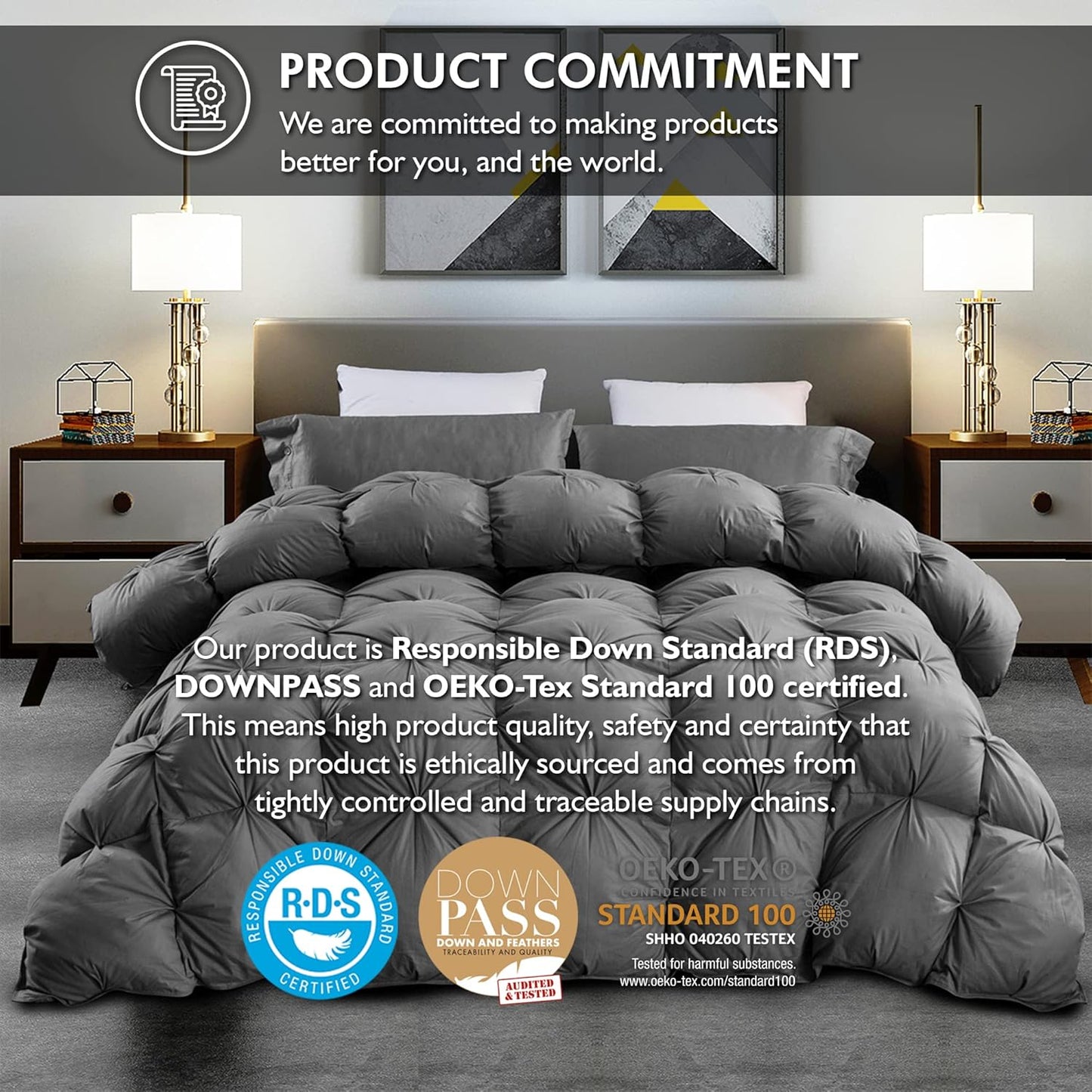 Luxurious All-Season Goose Down Feather Fiber Comforter Oversize Queen Duvet Insert (98x98), Exquisite Pinch Pleat Design- Gray, Premium Baffle Box, 100% Egyptian Cotton Cover, 70 oz. Fill Weight