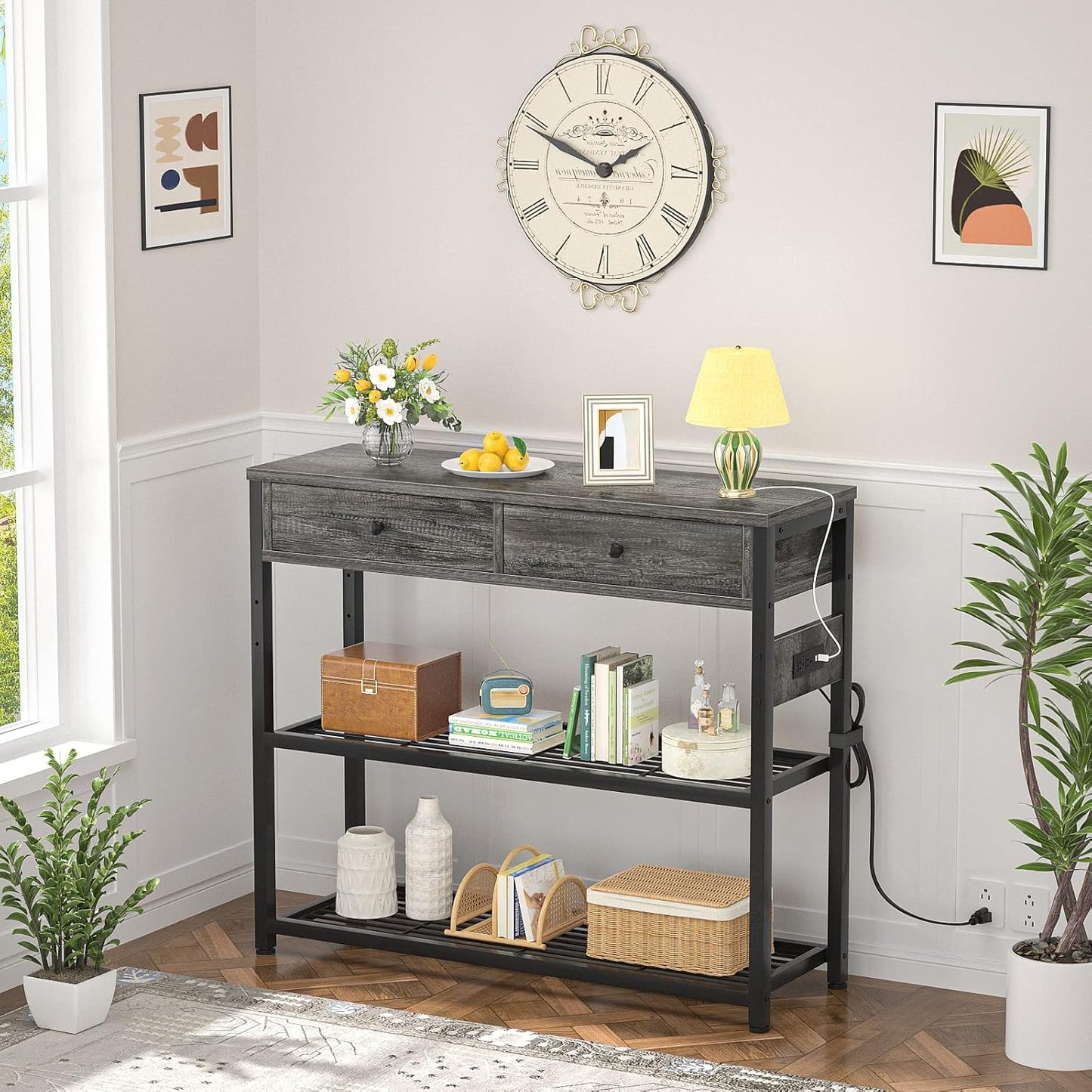 Ecoprsio Entryway Table with Outlets and USB Ports, Small Console Table with 2 Drawers, Sofa Table with Storage Shelves for Living Room, Couch, Hallway, Foyer, Kitchen Counter, 32'', Grey Oak