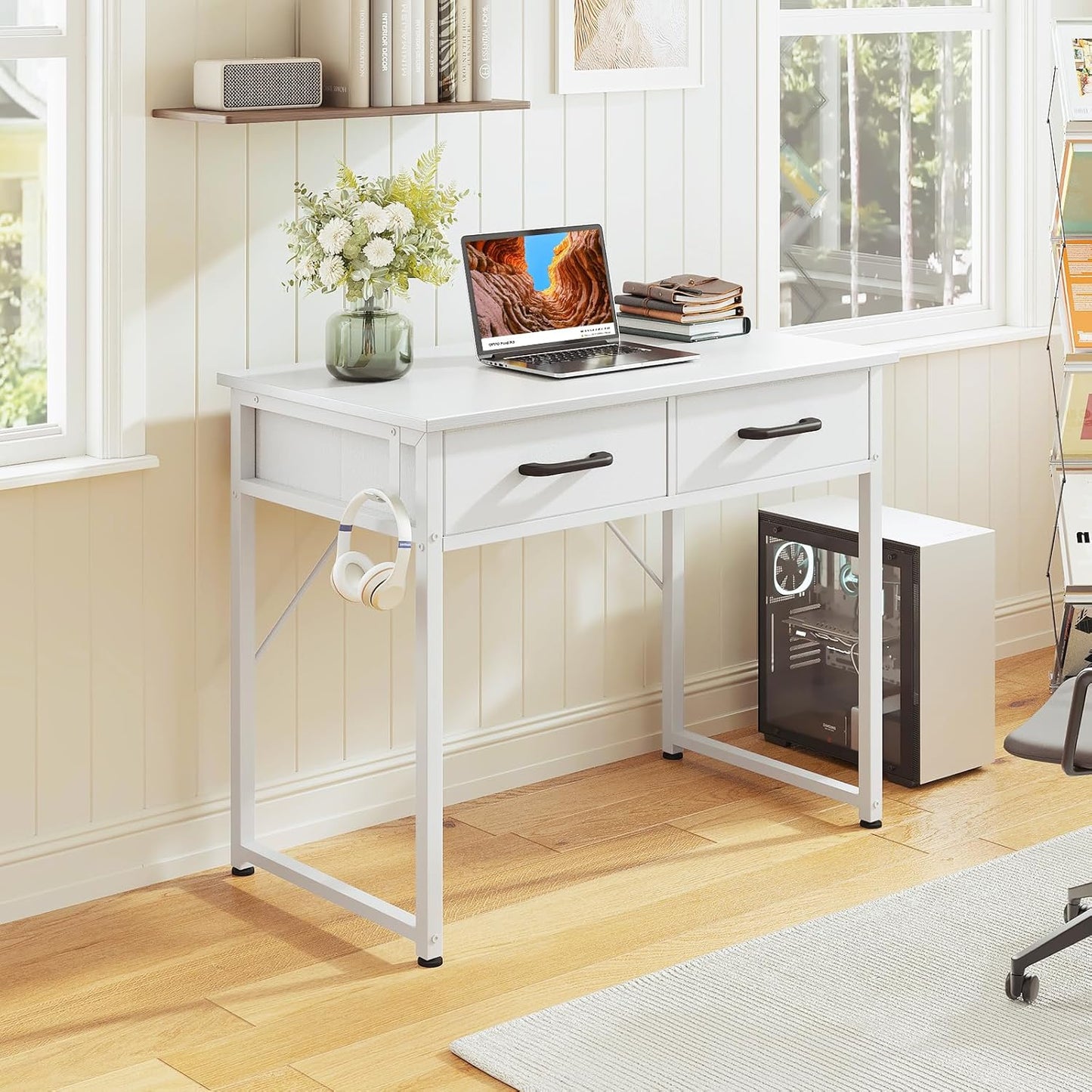 Casaottima 32 Inch Small Office Computer Desk with 2 Drawers & Headphone Hook - Compact Writing Desk for Home Office, Study or Work, Modern Space-Saving Design for Small Spaces, White