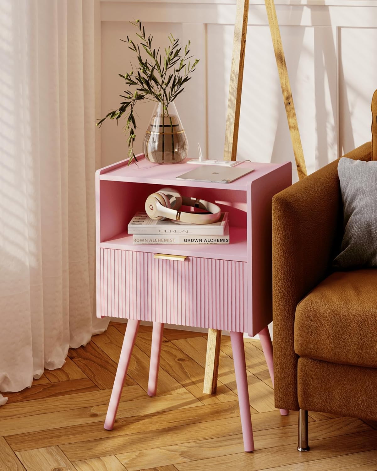 Nightstand with Oultlet,Modern Bedside Table with Storage Drawer and Open Wood Shelf, for Living Room, Bedroom and Small Spaces, Accent Night Stand with Solid Wood Legs, Easy Assembly,Pink
