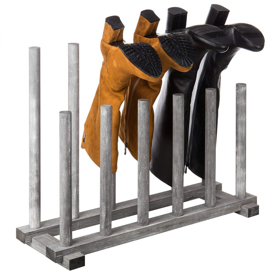 MyGift Coastal Graywashed Solid Wood Floor Standing Boot Holder Rack, Wooden Entryway Shoe Storage Organizer Stand Holds 6 Pairs of Tall and Short Boots
