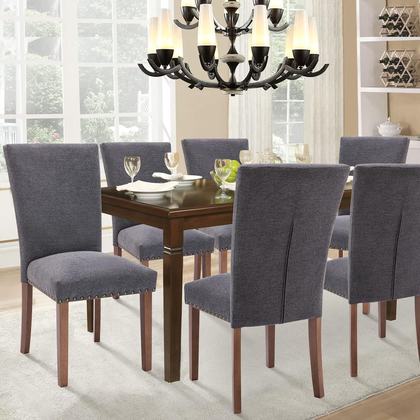 Parsons Dining Chairs Set of 2, Upholstered Nailhead Dining Room Kitchen Side Chair with Thick Cushions and Wood Legs, Dark Grey