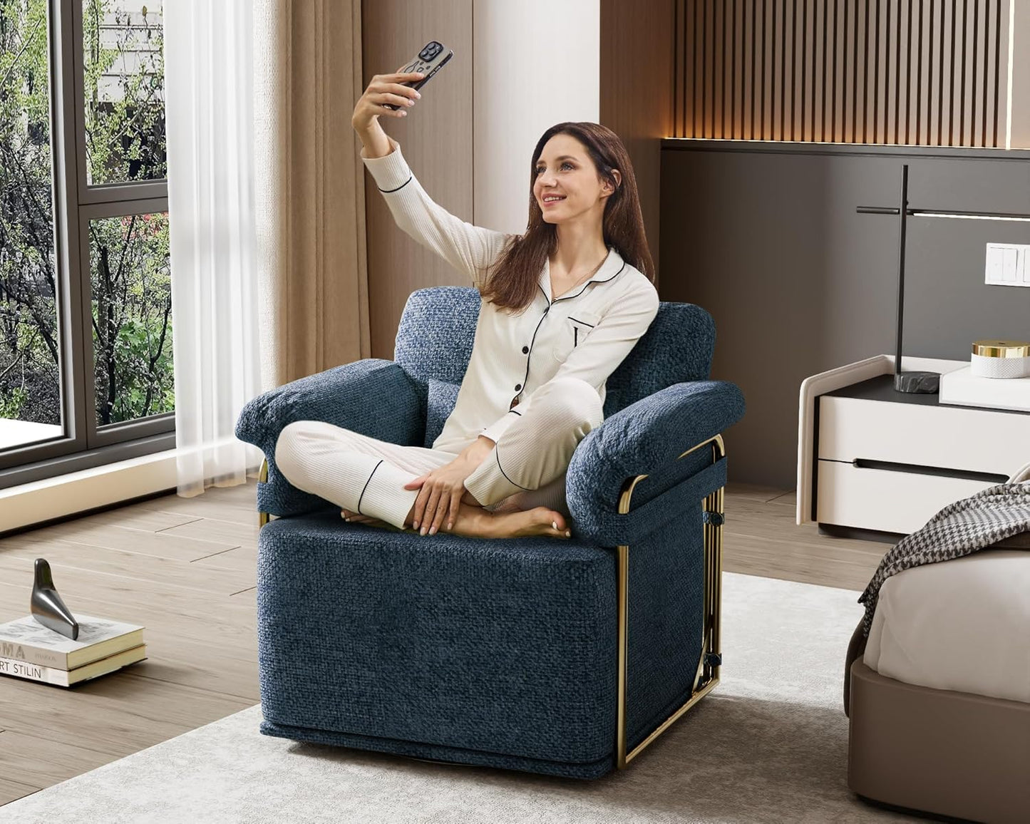 KEIKI Modern Comfy Swivel Accent Reading Chair with Waist Pillows, 360°Square Upholstered Barrel Armchair Single Club Lounge Sofa Chairs for Living Room,Bedroom,Office,Blue