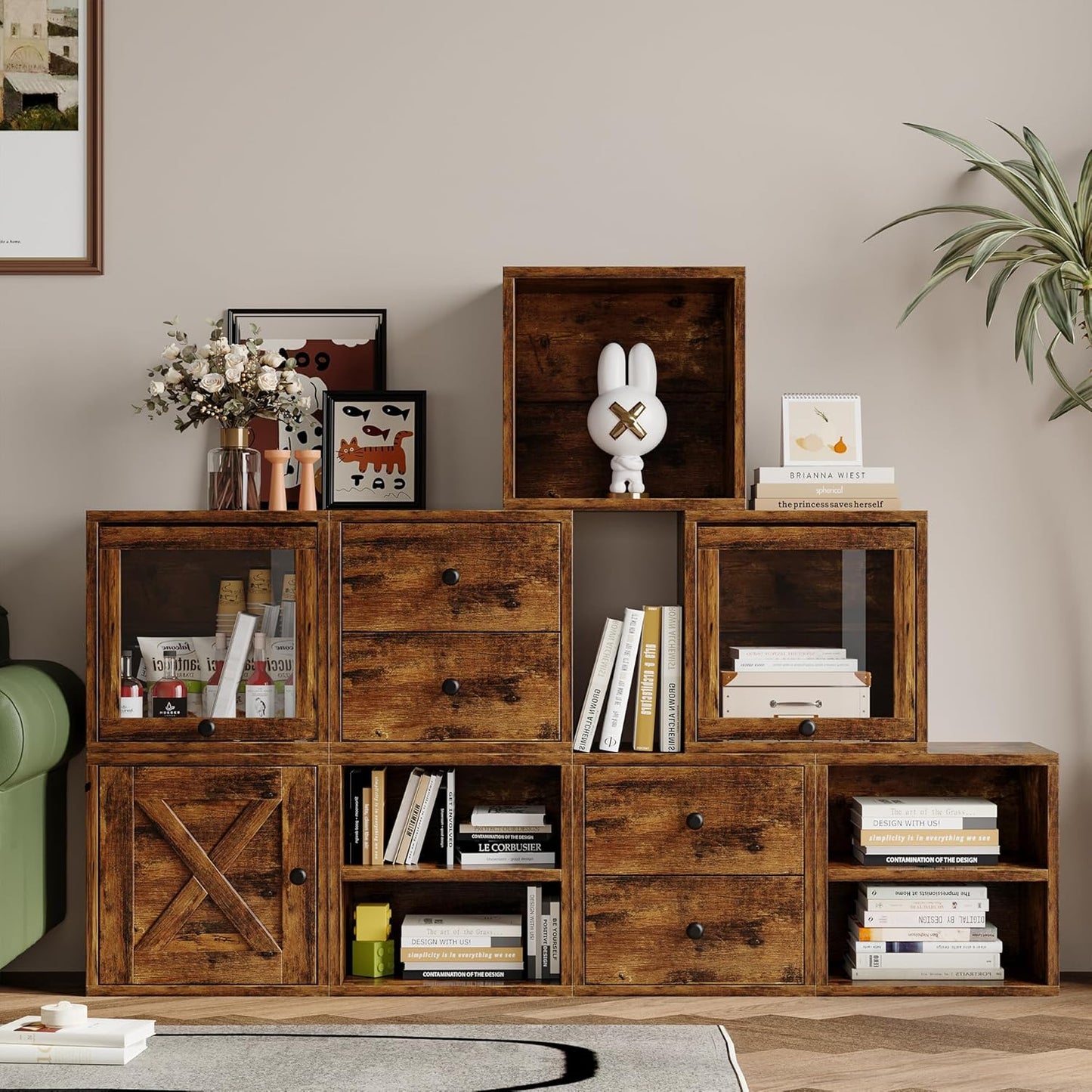 FUSUNBAO Magic DIY Cube Storage Organizer Stackable Cubes for Home Books Clothes Toy-Modular Cubby Storage System-Office Cubical-Bookcase Closet(Antique Brown, Glass Door Cube)