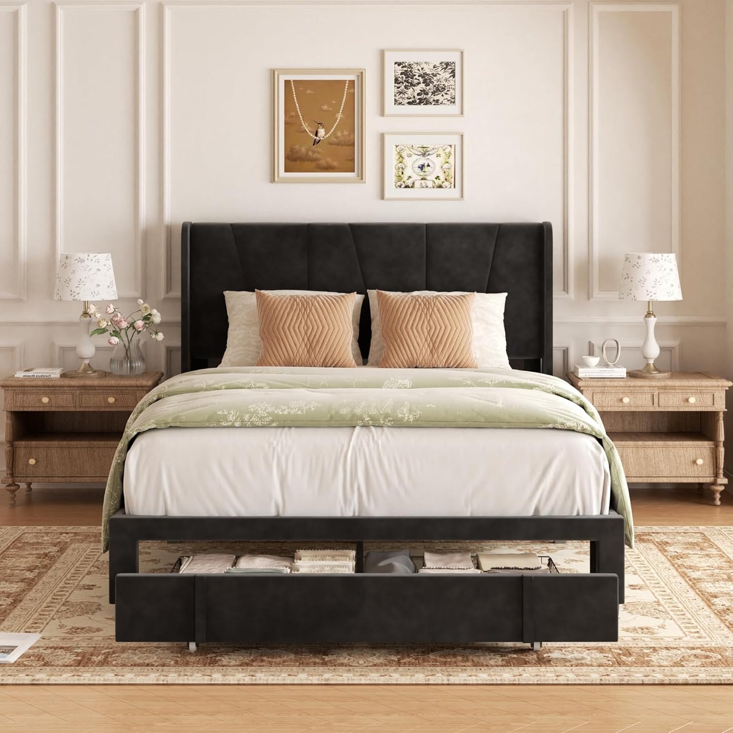 Queen Bed Frame with Storage Drawers, Upholstered Platform Bed with Headboard and Wingboard, No Box Spring Needed, Noise Free, Easy Assembly, Wooden Support Slats, Black
