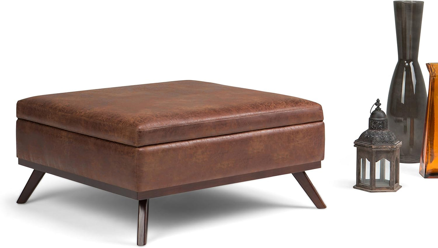 SIMPLIHOME Owen 36 inch Wide Mid Century Modern Square Coffee Table Storage Ottoman in Distressed Saddle Brown Vegan Faux Leather, Assembled, For the Living Room, Entryway and Family Room