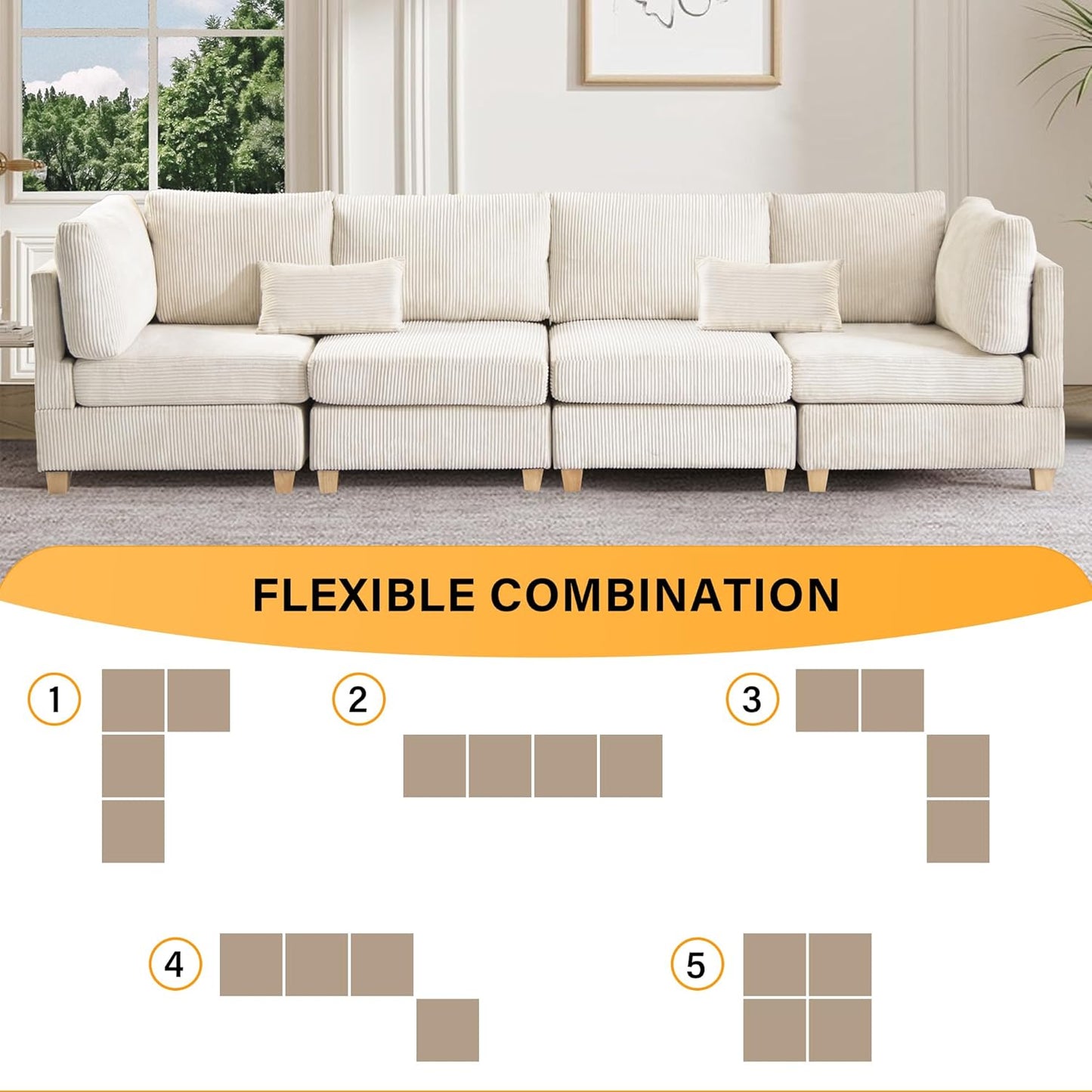 126" Convertible L-Shaped Modular Sectional Sofa, 4 Seater Corduroy Upholstered Corner Sofa Couch with Extra Wide Deep Seat, DIY Combination Lounger Sofa with Solid Wood Legs for Living Room Office