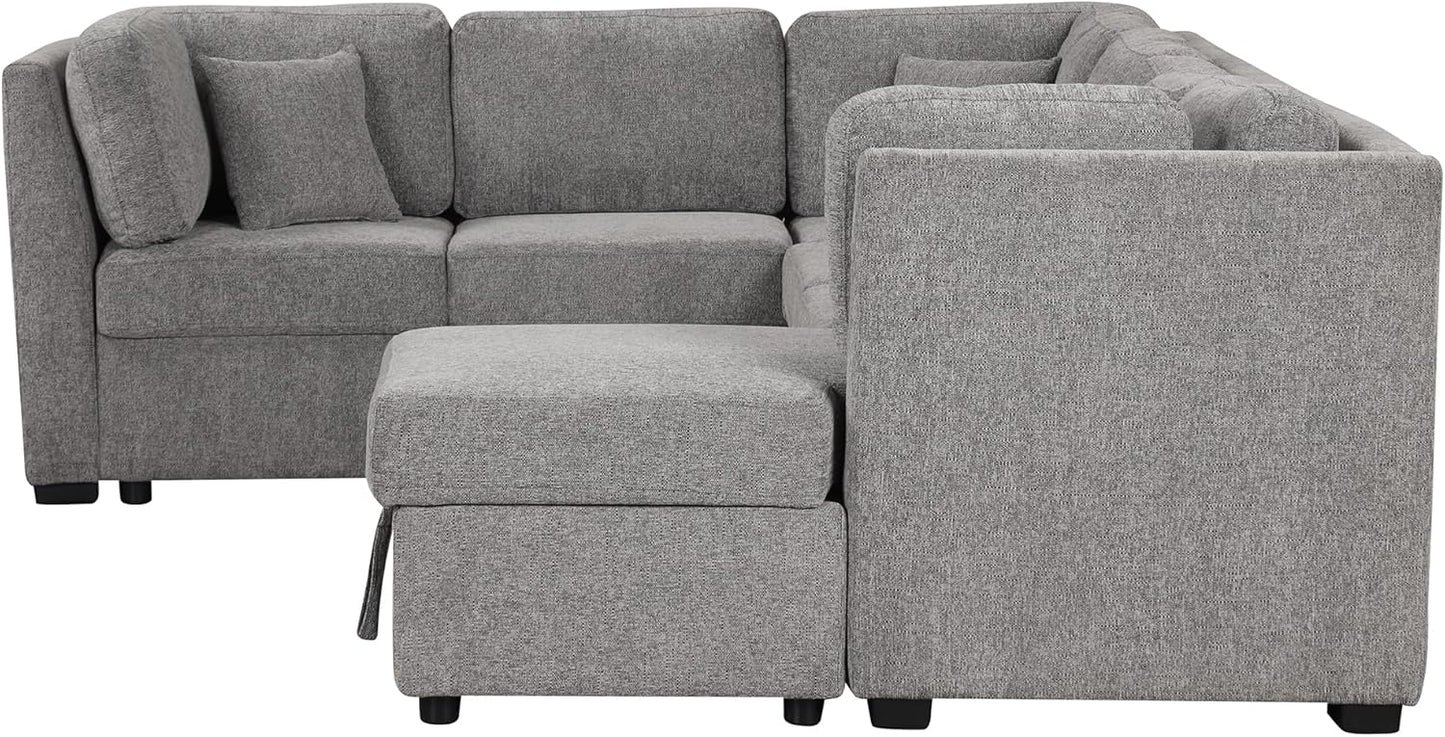 Ball & Cast 108.6" Sleeper Sectional Pull Out Sofa with 2 USB Ports,Two Power Sockets,Versatile U-Shape Couch w/ 3 Back Pillows and Storage Chaise,for Living Room,Office,Apartment,Light Gray