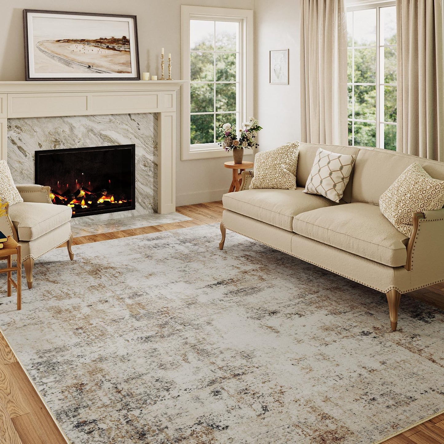 6x9 Washable Area Rug Gold Grey Neutral Abstract Living Room Bedroom Large Throw Rug Non Slip Soft Low Pile Indoor Floor Carpet for Dining Room Kitchen Office Entryway