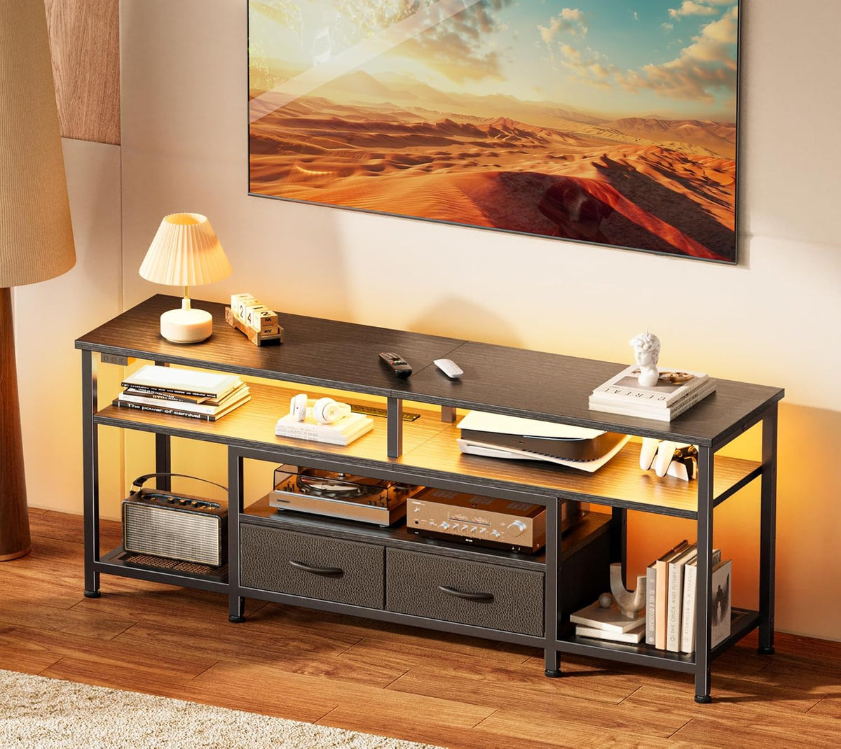 Huuger TV Stand for 55 60 Inch TV, Entertainment Center with Power Outlets and LED Lights, 54 Inch TV Console for Living Room, Media Console with Drawers and Shelves, Black