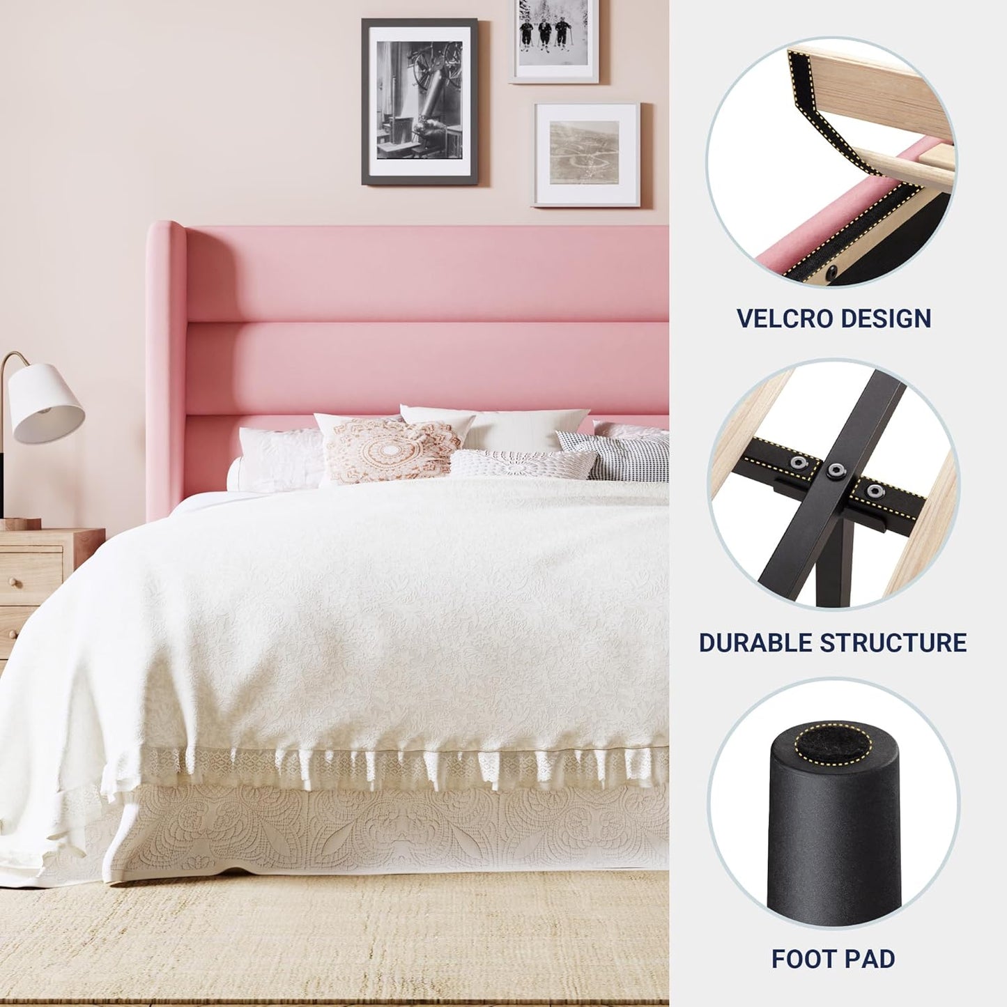 Allewie Full Size Platform Bed Frame with Velvet Upholstered Wingback Headboard, No Box Spring Needed, Under Bed Storage Space, Strong Wooden Slats, Modern Mattress Foundation, Easy Assembly, Pink