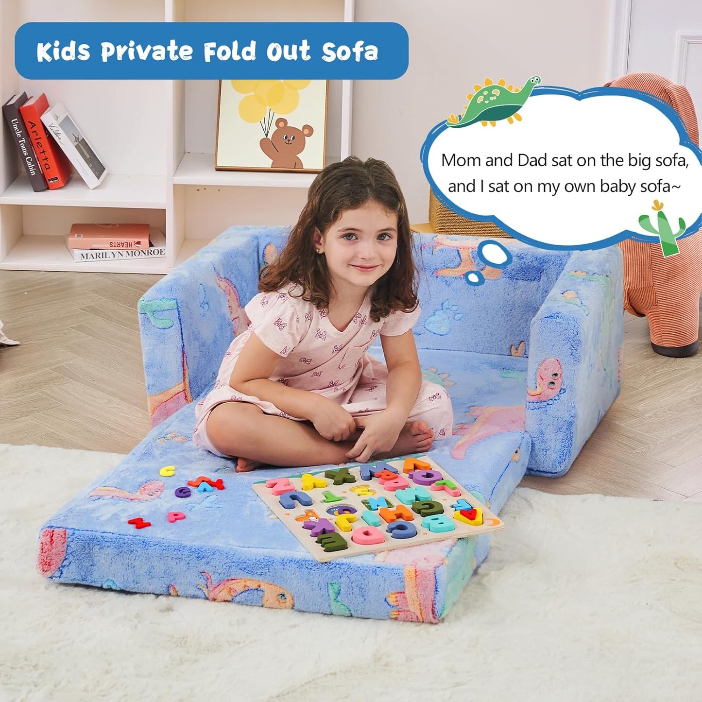 Toddler Couch,Toddler Chair,Extra Wider Seating,2-in-1 Baby Seat Furniture Fold Out, Convertible Sofa to Lounger Comfy Glow in The Dark Sofa Bed,Gifts for Kids Girl Boys,Dinosaur,Large