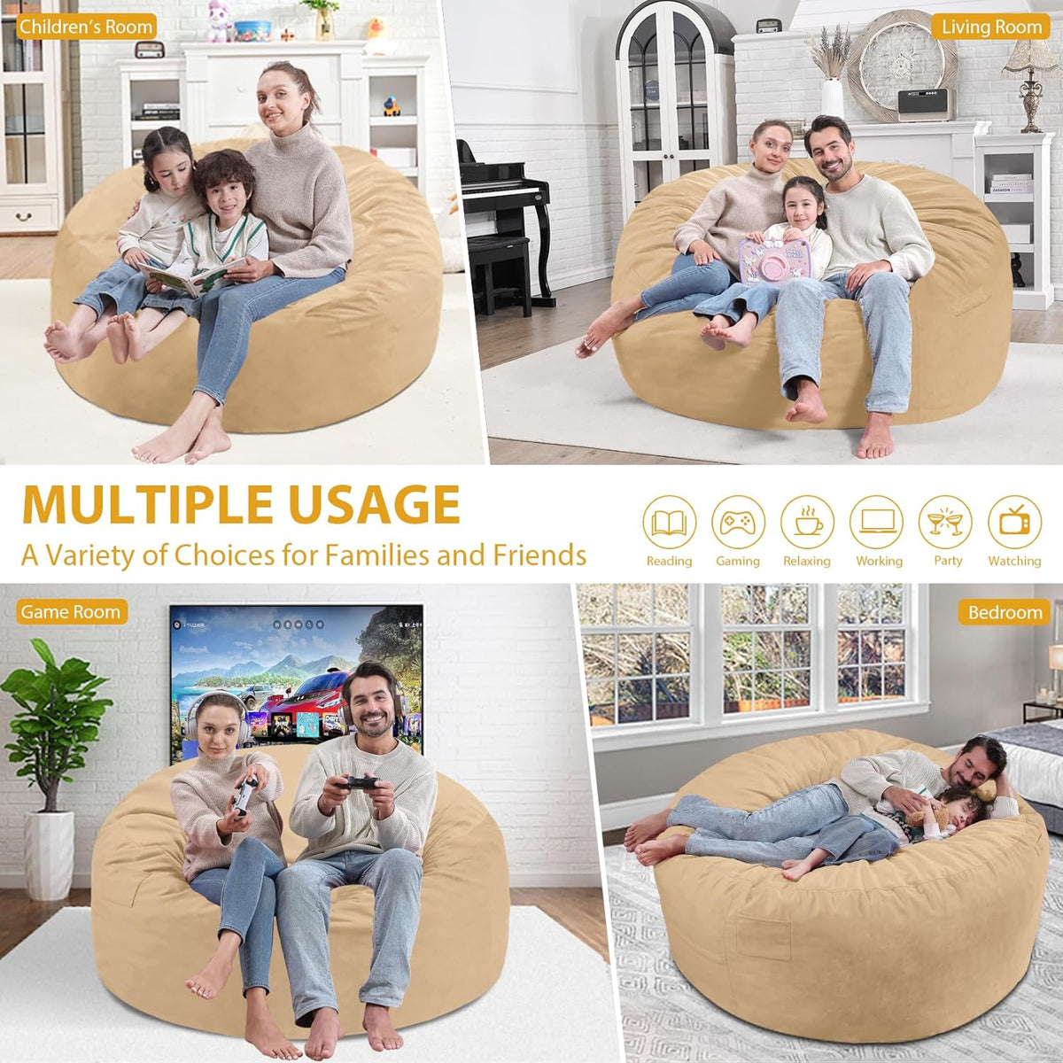 5FT Bean Bag Chair, Large Bean Bag Chairs with Memory Foam Filled, Fluffy Beanbag Sofa with Dutch Velvet Cover, Round BeanBag Chairs for Living Room, Playroom - Khaki