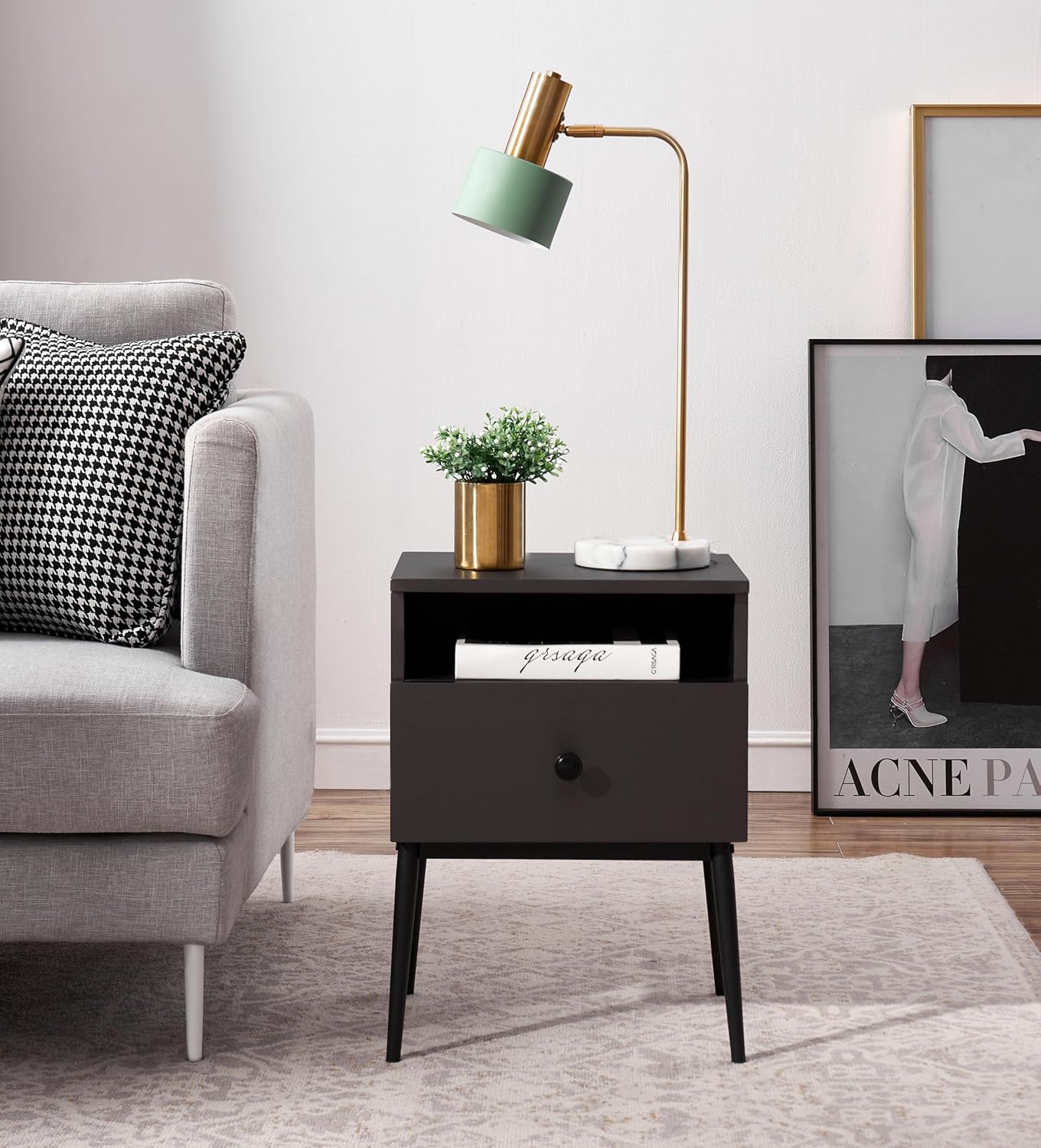 VECELO Modern Night Stand,Square Side Table,End Table with Drawer and Storage Space for Bedroom and Living Room,Bedside Table