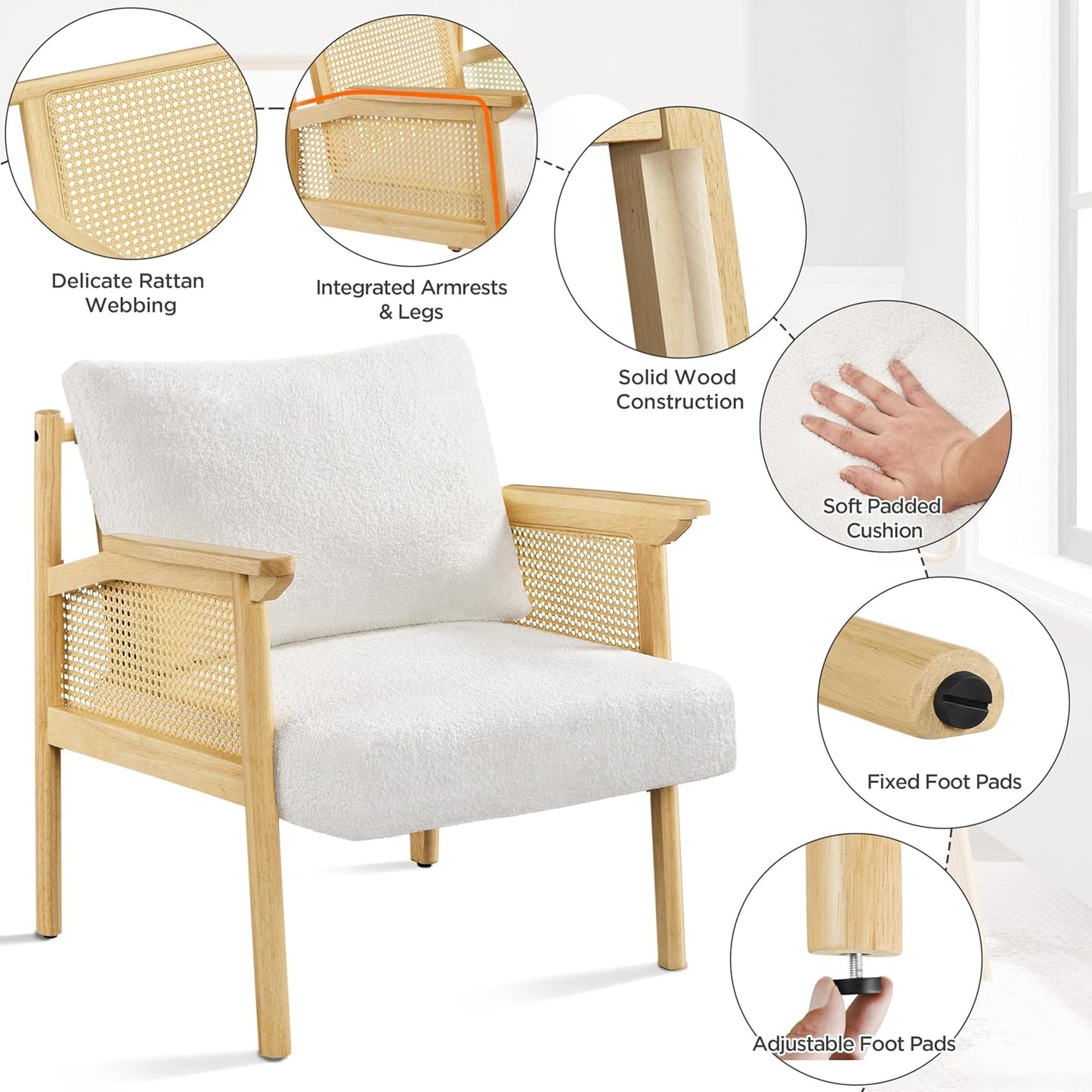 Yaheetech Accent Boucle Vanity Chair with Rattan Back Arms, Mid Century Upholstered Living Room Lounge Chair Bedroom Balcony White 2 PCS