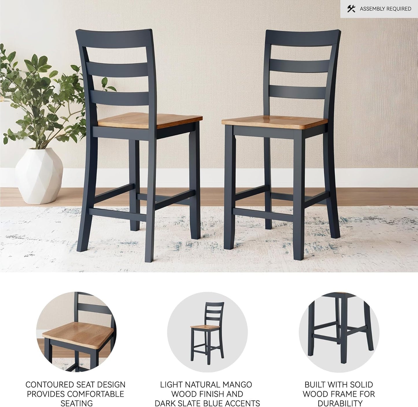 Signature Design by Ashley Gesthaven Solid Wood Frame Counter Height Barstool, Set of 2, Slate Blue/Natural