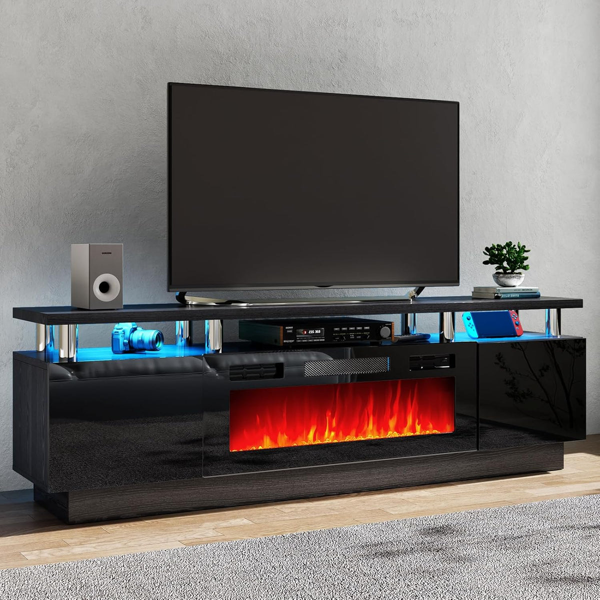 80" TV Stand for Living Room, Large Entertainment Center & Media Console, Fits TVs up to 90", Storage Cabinet with Shelves, 36" Electric Fireplace (All Black)