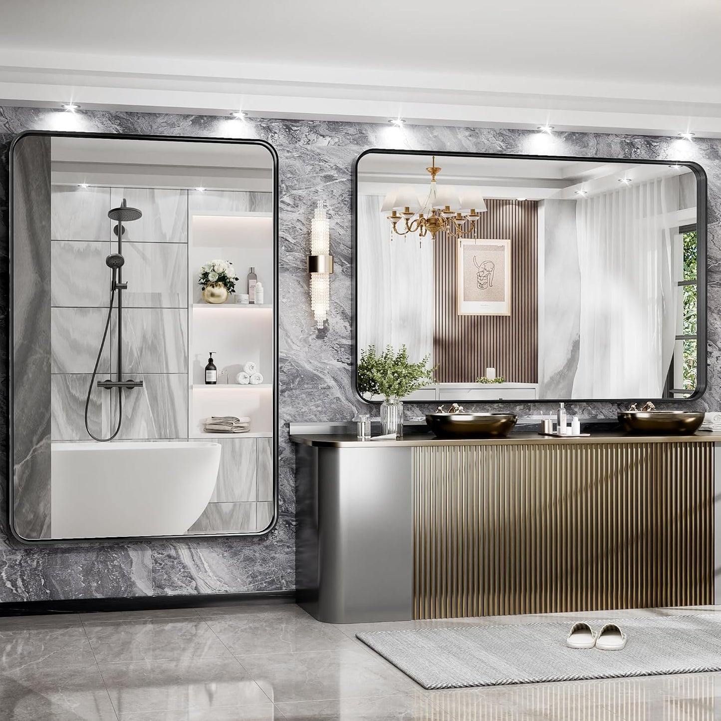 Hasipu Black Bathroom Mirror 59x39 Inch Rounded Rectangle Vanity Mirror Metal Framed Wall Mirrors Anti-Rust Surface Mount (Horizontal/Vertical)
