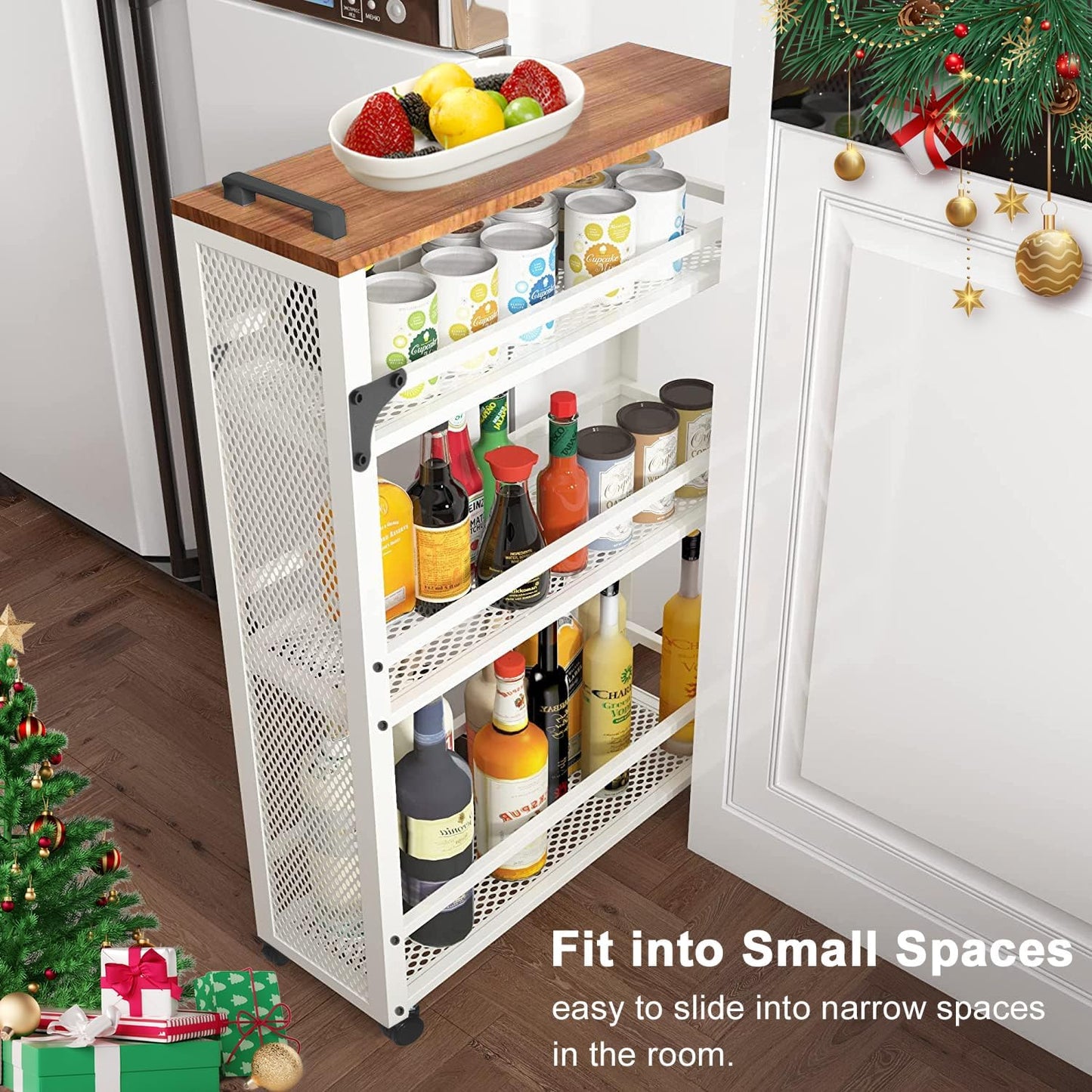 2025 New, Slim Kitchen Storage Cart, 3 Tier Metal Rolling Utility Cart Mesh Basket, Multifunction Wire Basket Shelf Trolley for Home Laundry, Bathroom, Living Room, White