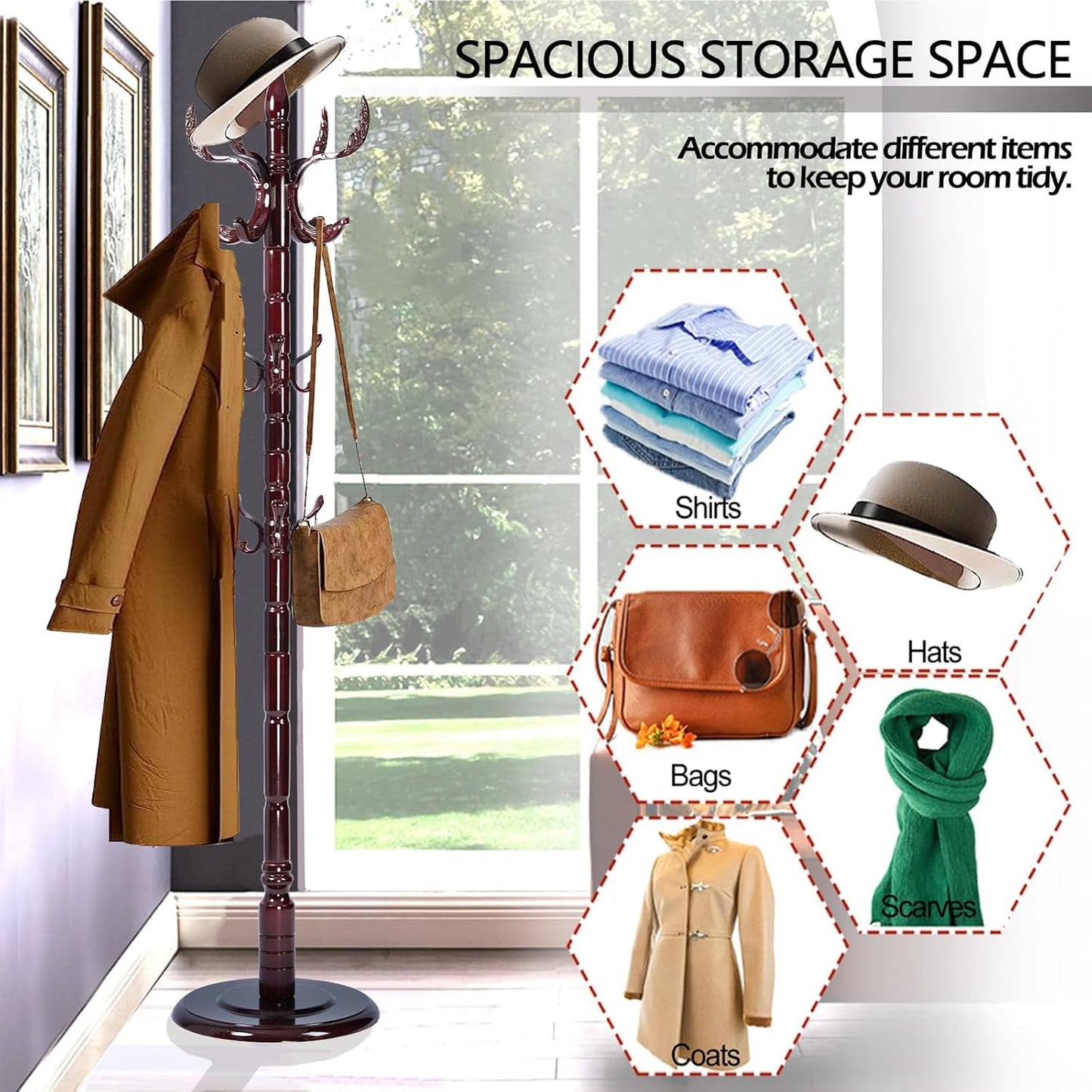 Coat Racks Free Standing with 14 Hooks, Natural Wood Coat Stands for Entryway, Adjustable Height 72 in Tree Coat Rack Stand for Hallway Home Office Bedroom (Mahogany Phoenix)