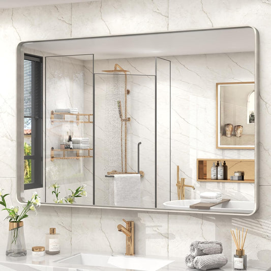 48x32 Silver Bathroom Mirror for Wall, Brushed Metal Framed Bathroom Vanity Mirror, Modern Rectangle Mirror, Rounded Corners, Shatterproof (Horizontal/Vertical)