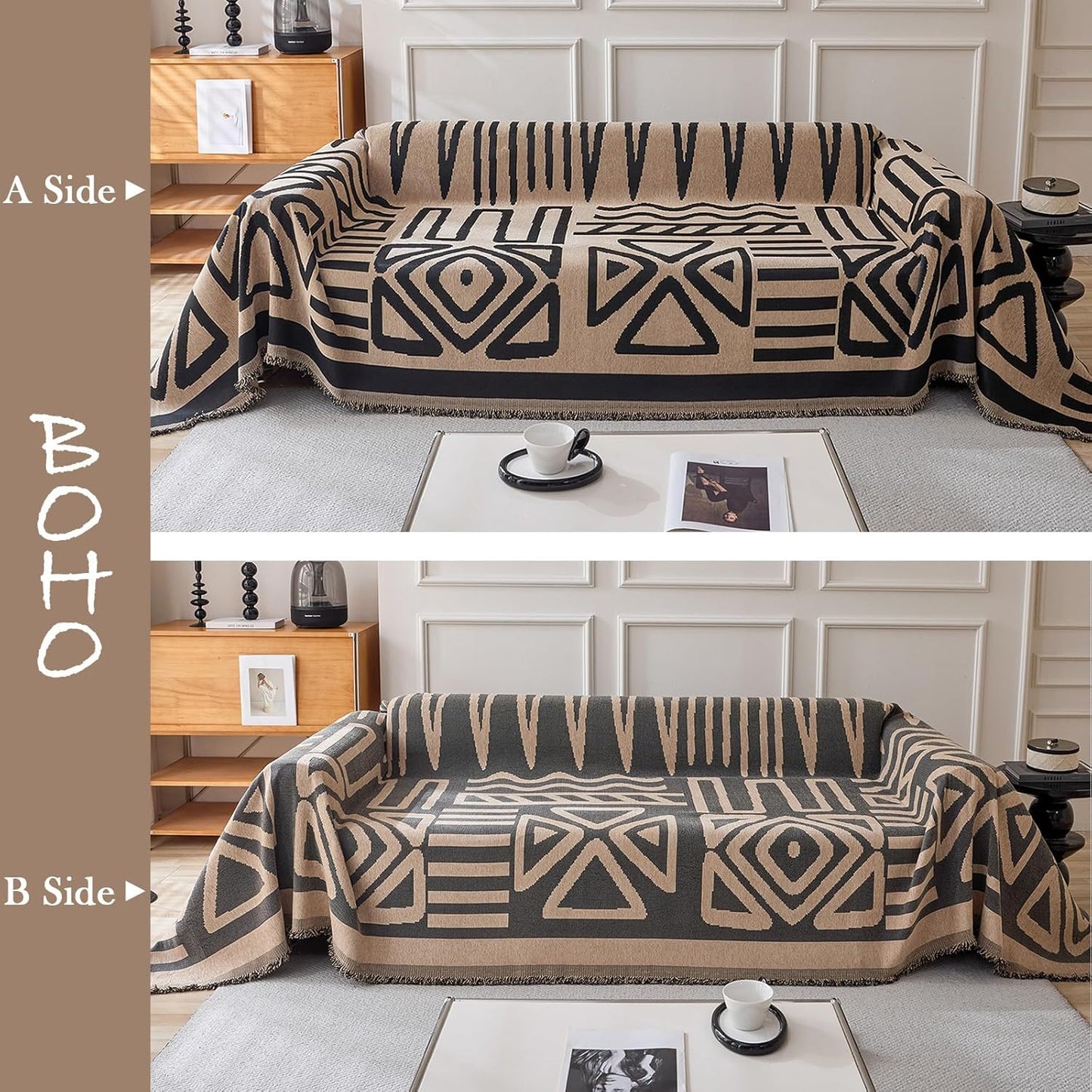 HANDONTIME Boho Geometric Couch Covers for Sofa Pet Friendly Taupe and Black Sofa Covers Washable Chenille Couch Blanket Cover for 2 3 Cushion Couches Pet Protector Furniture Cover Soft, 71" X 118"