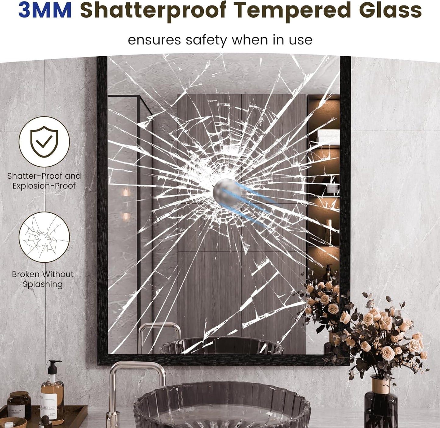 WEER Black Framed Mirror for Bathroom, 22x30 Inch Framed Bathroom Mirror, Rectangular Wall Mounted Mirror, Matte Black Vanity Mirrors, Tempered Glass, Vertically or Horizontally, Anti-Rust