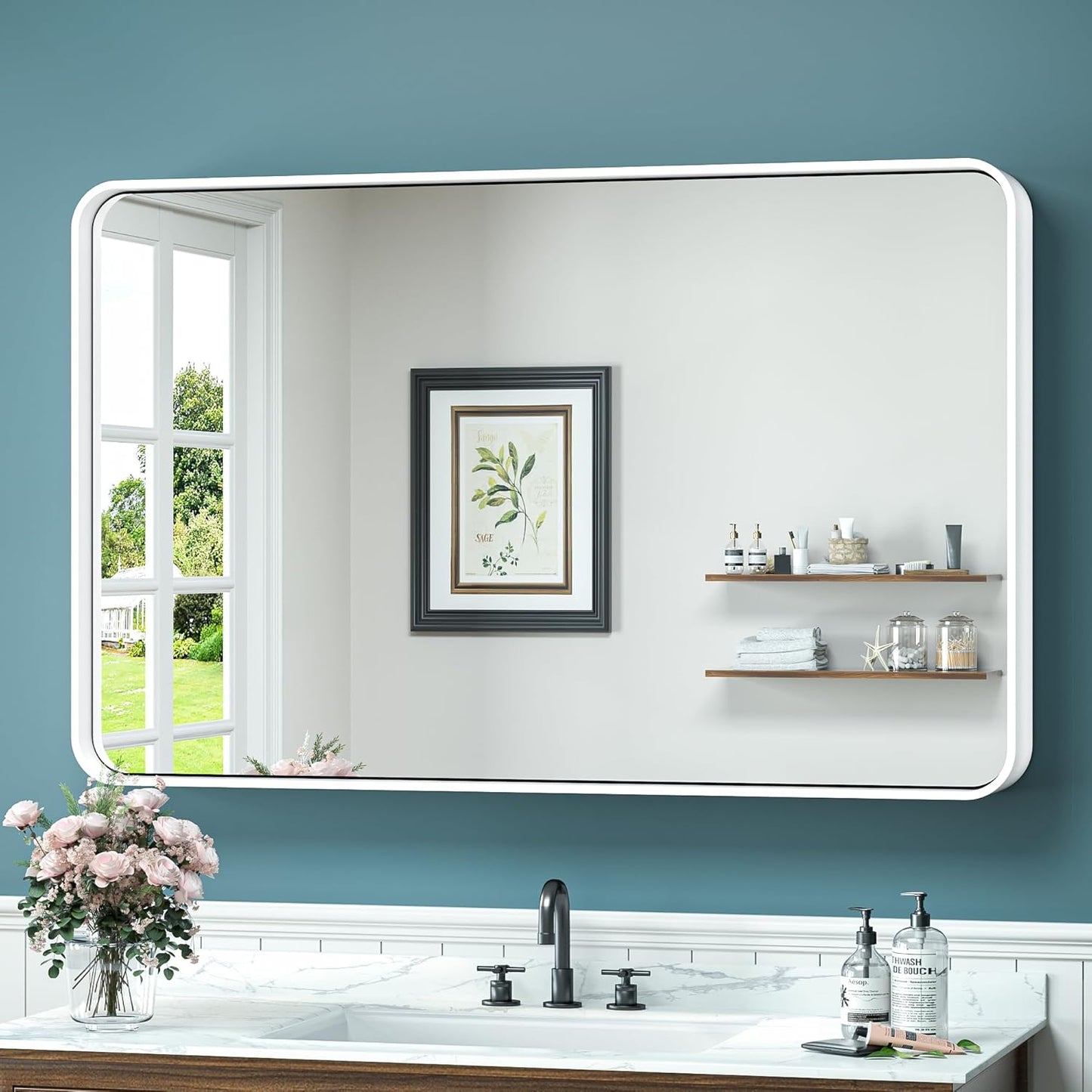 TokeShimi 40 x 24 Inch Wall Mirror for Bathroom White Metal Frame Decorative Rectangular Wall Mounted Home Decor Corner Hangs Farmhouse Mirror (Horizontal/Vertical)