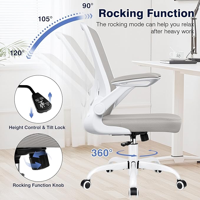 Ergonomic Office Chair, Mesh Computer Chairs with Lumbar Support, Swivel Desk Chair with Flip-up Arms and Adjustable Height, Light Gray